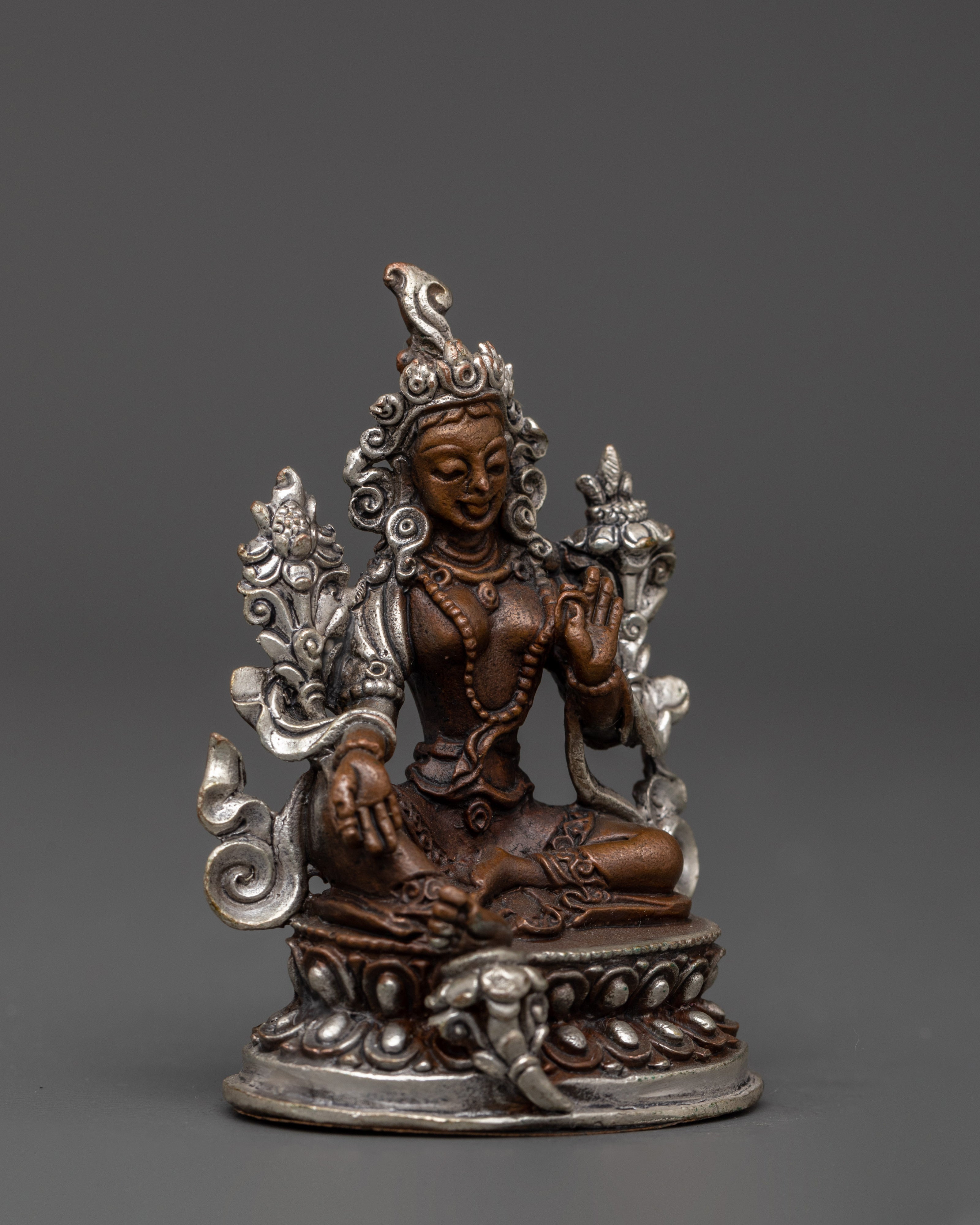 Green Tara Buddhist Goddess of Compassion | Oxidized Copper & Silver Plated Statue
