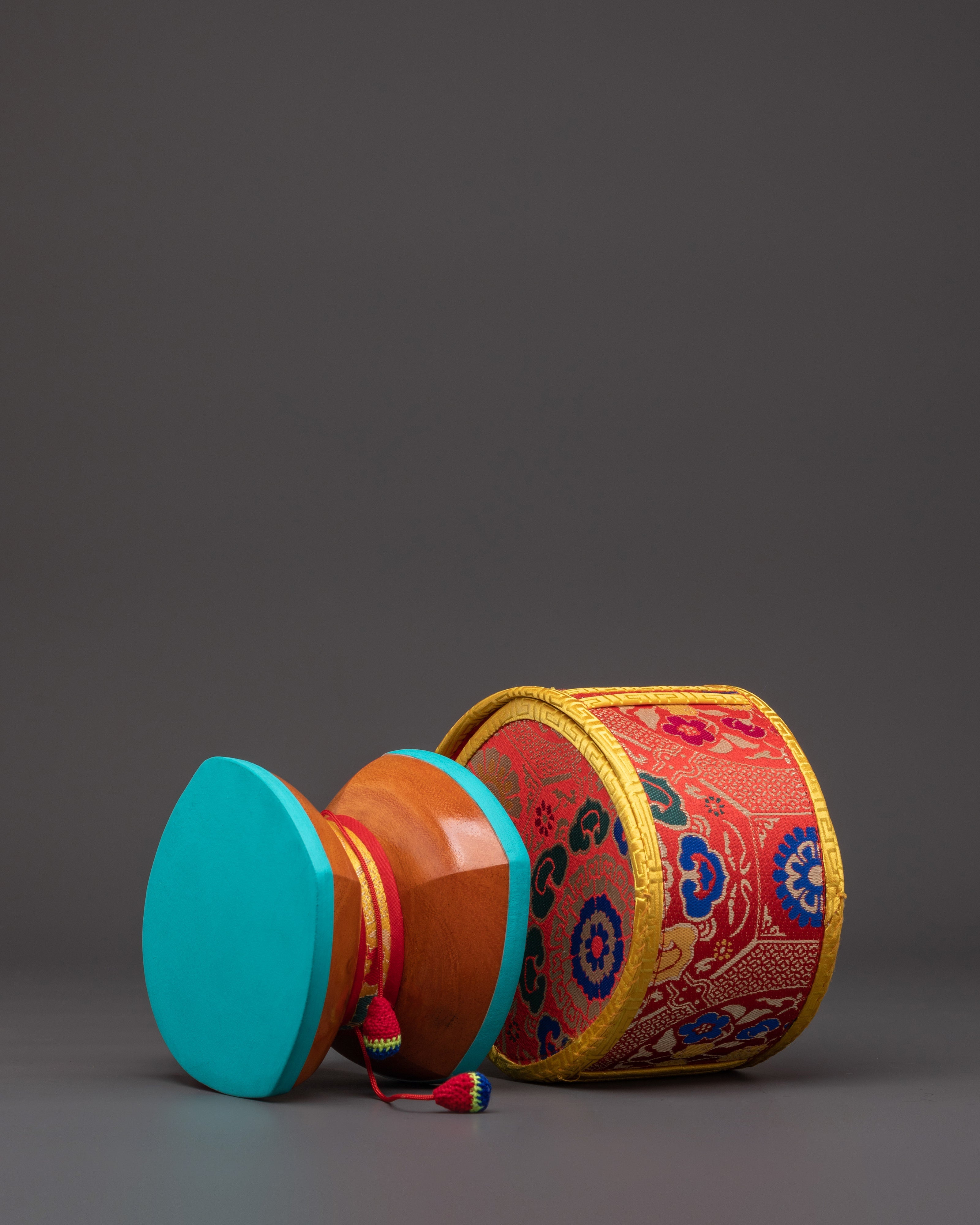 Tibetan Meditation Damaru Drum | Wooden Buddhist Ritual Instrument with Silk Brocade Cover