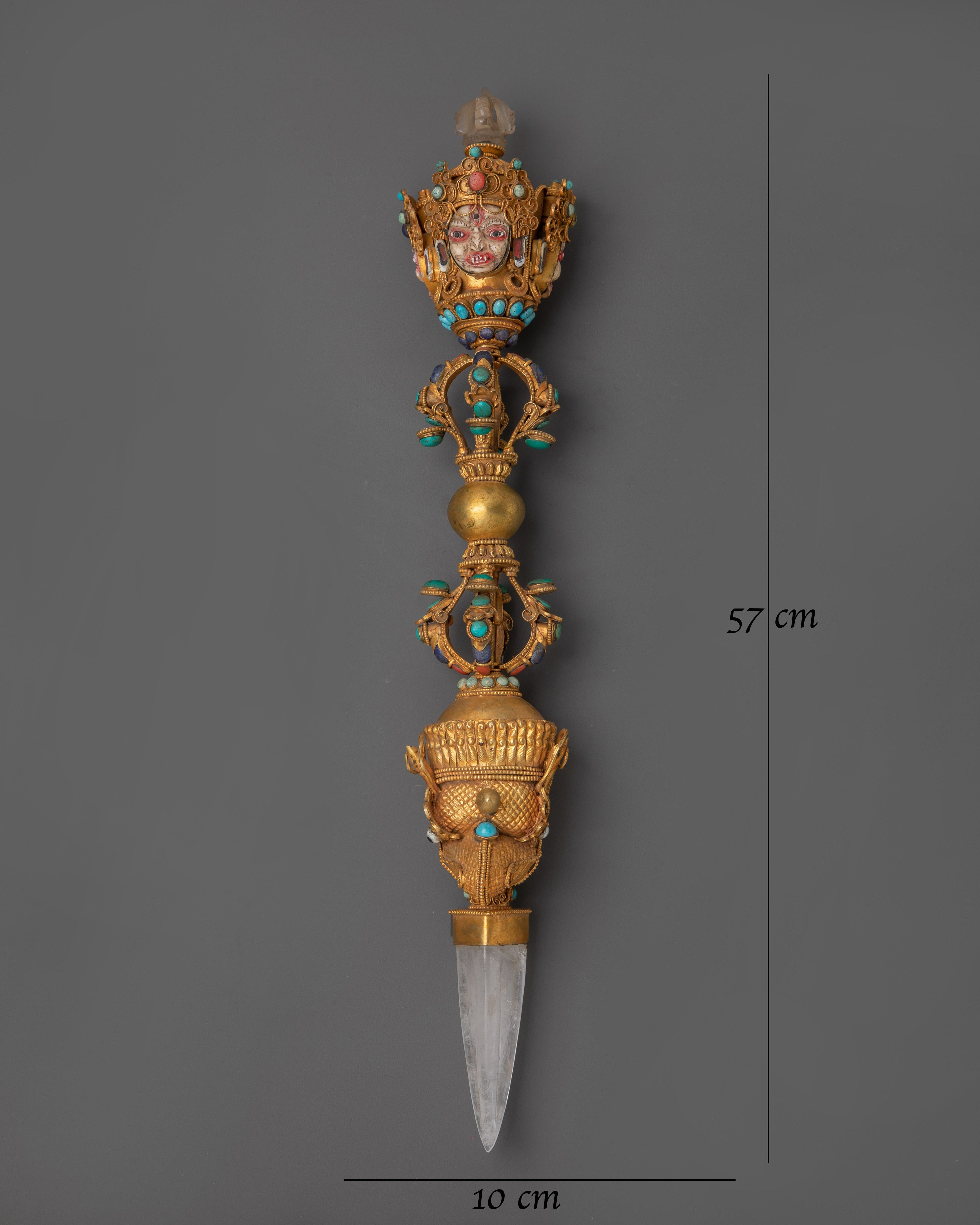 Buddhist Three Sided Phurba | Gold-Plated Ritual Dagger with Crystal and Turquoise