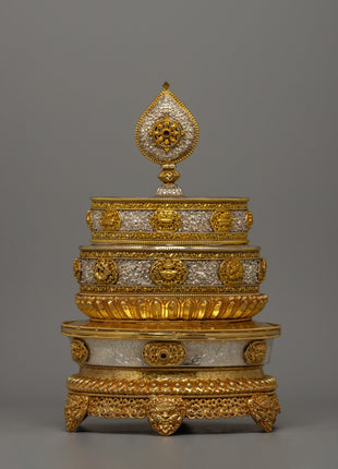 Buddhist Mandala Rice Offering Set | Handcrafted Copper Artwork with Gold & Silver Plating