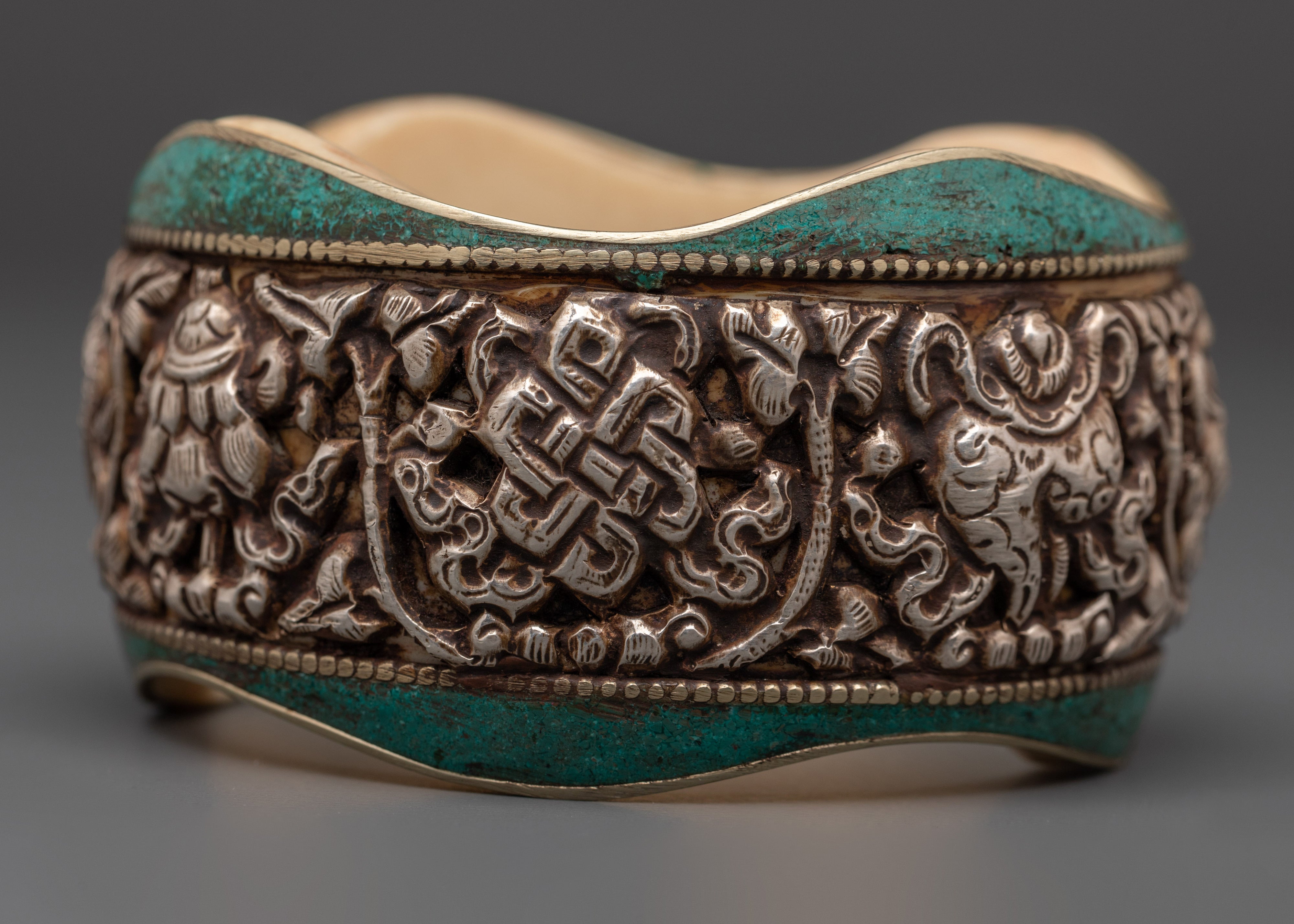 Tibetan Silver Bracelet with Auspicious Symbol  | Handcrafted Spiritual Jewelry