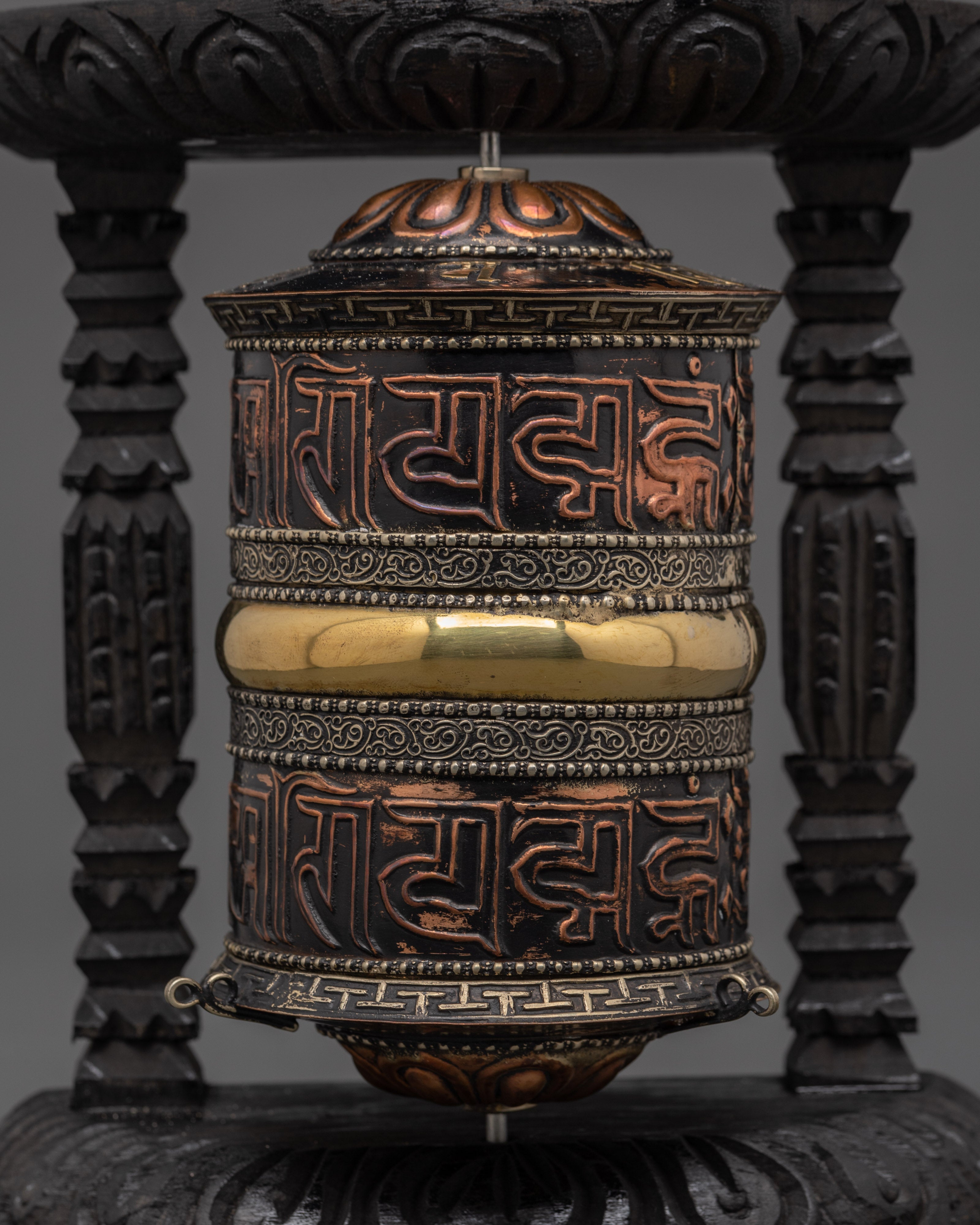 Sacred Wooden Framed Prayer Wheel | Copper and Brass Tibetan Mantra Wheel