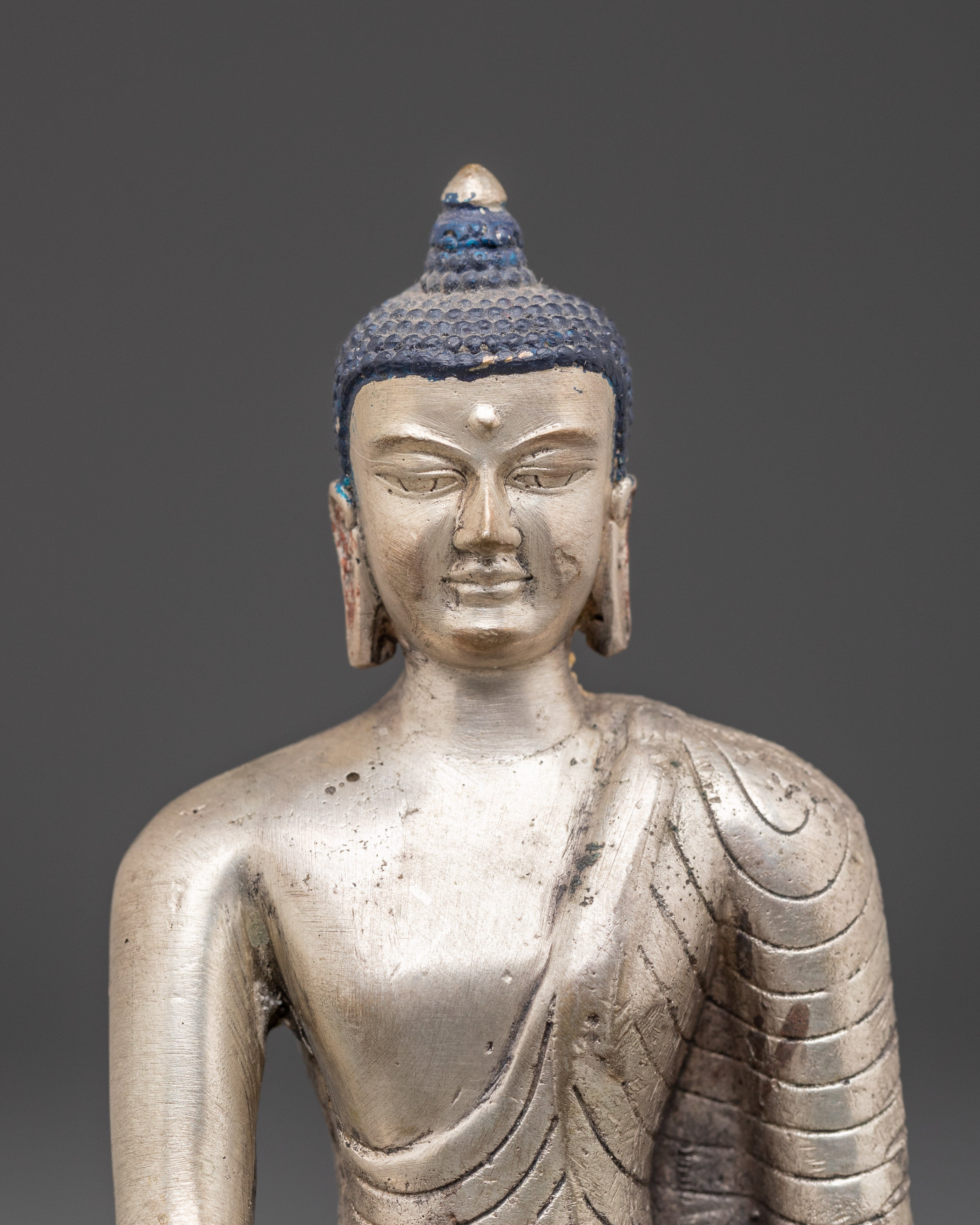 Handmade Himalayan Shakyamuni Buddha Statue | Silver Plated Copper Meditation Art