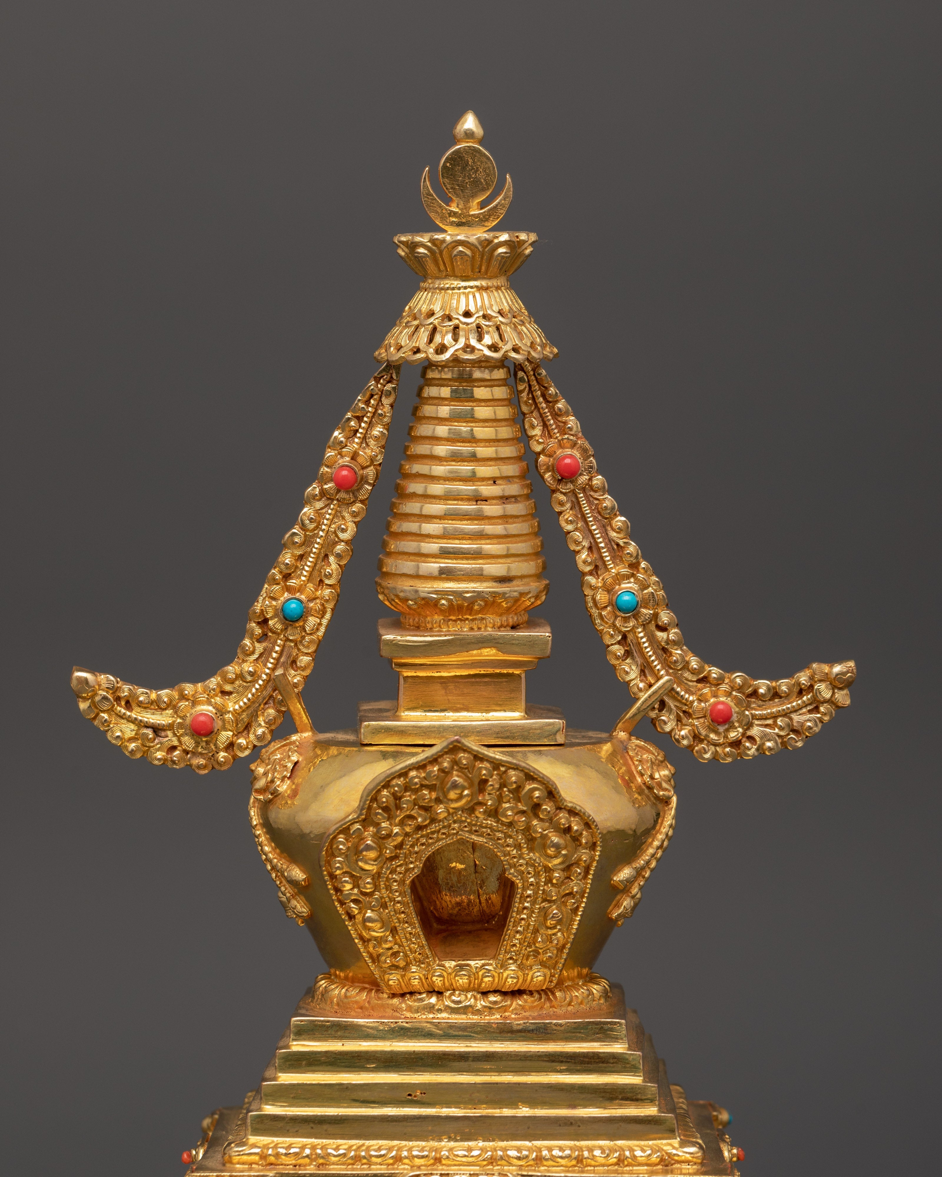 Traditional Tibetan Stupa Art | Copper Gold Plated Stupa Sculpture