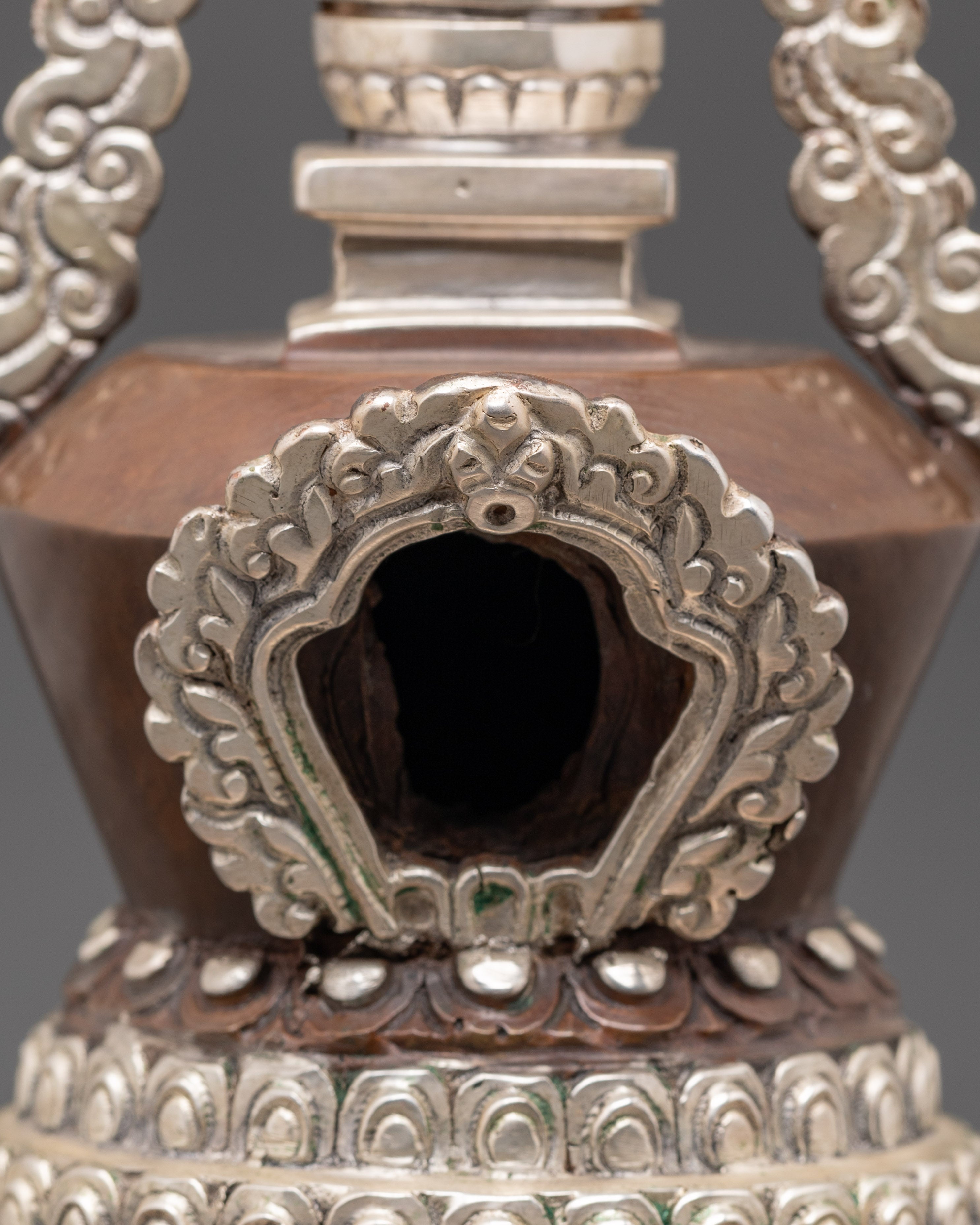 Buddhist Meditation Stupa | Silver Plated Oxidized Copper Altar Decor