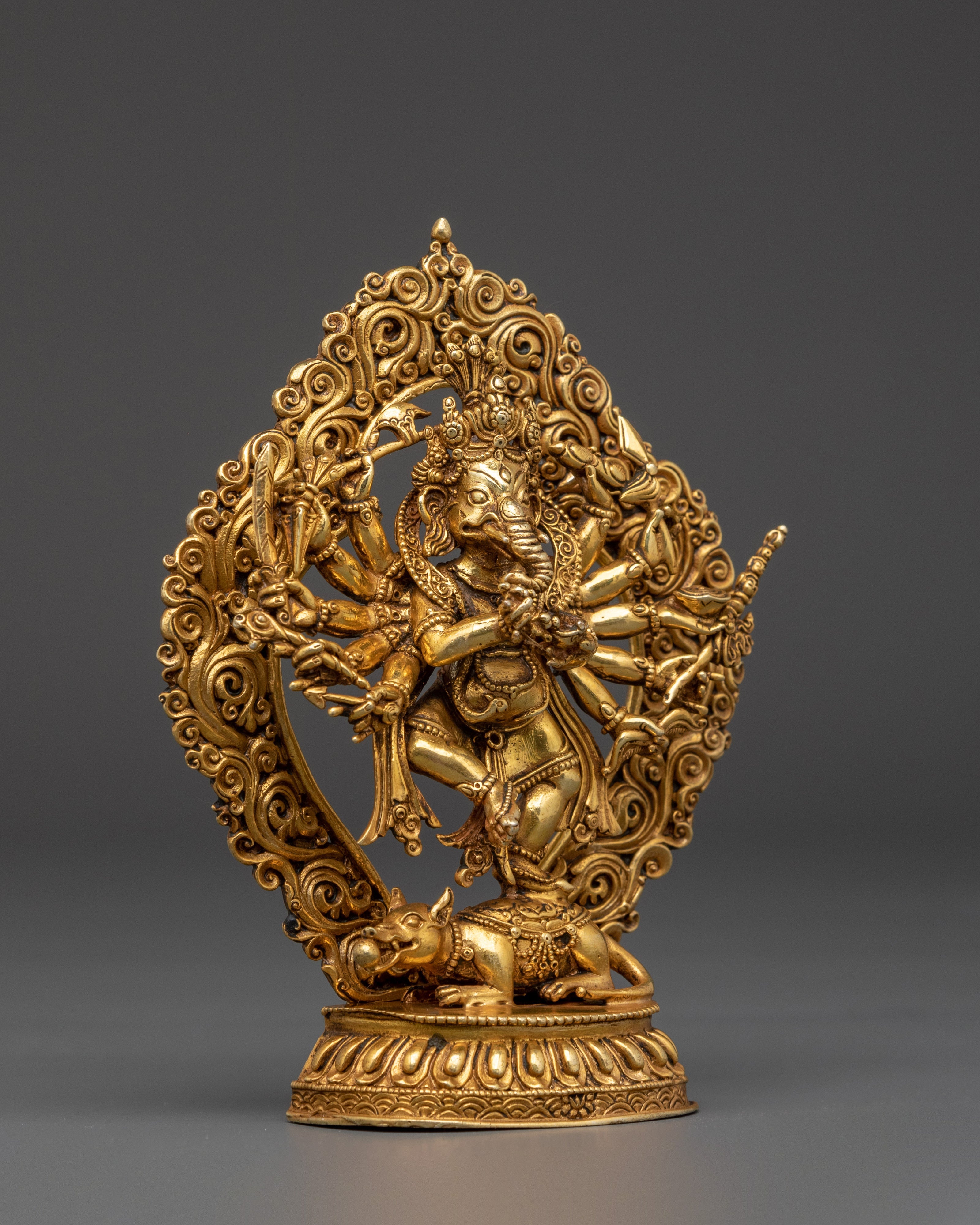 12-Armed Ganesh Gold-Plated Copper Statue | Hindu Deity of Power & Protection