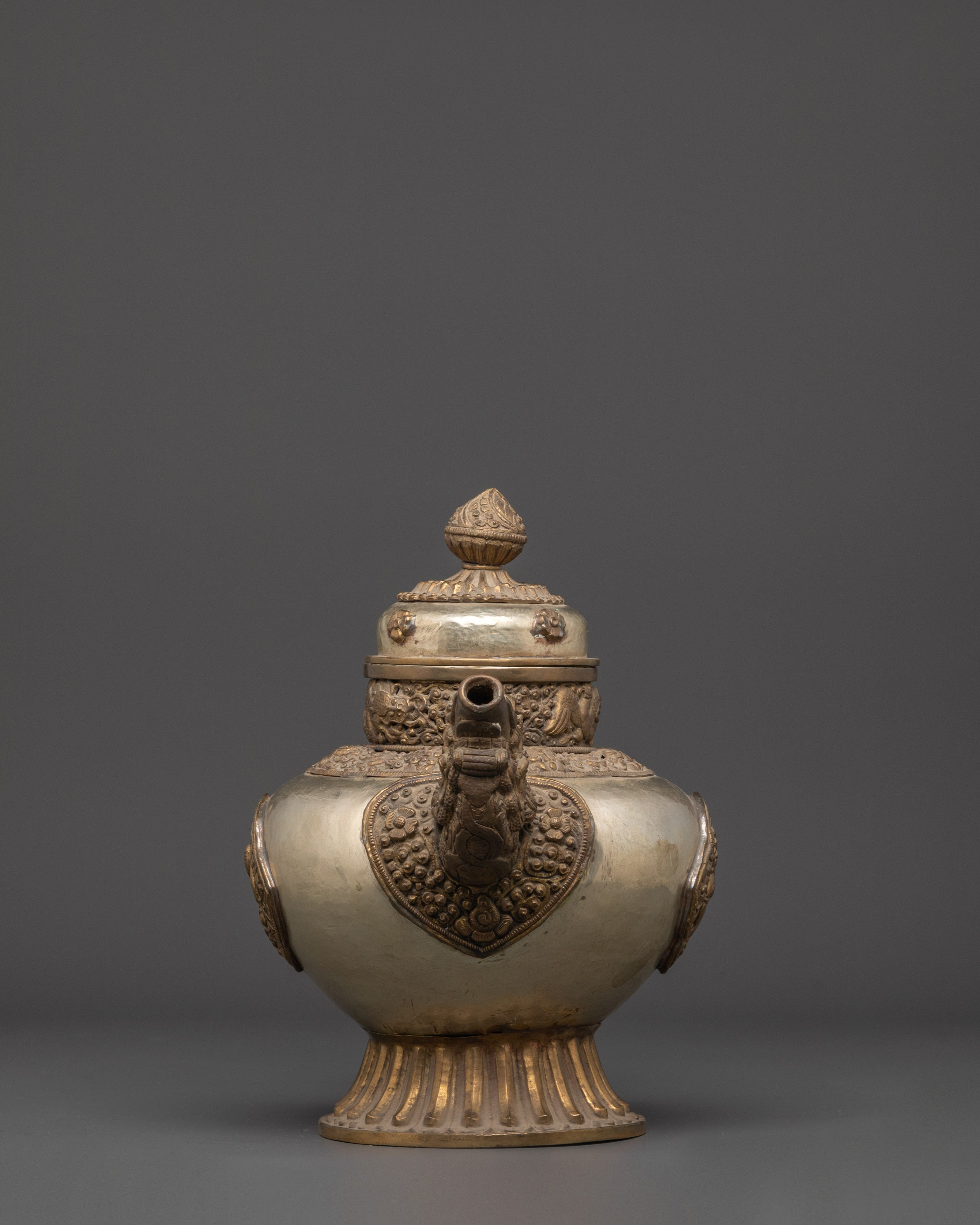 Handcrafted Buddhist Tea Pot | Traditional White Metal Pot with Dragon Handles