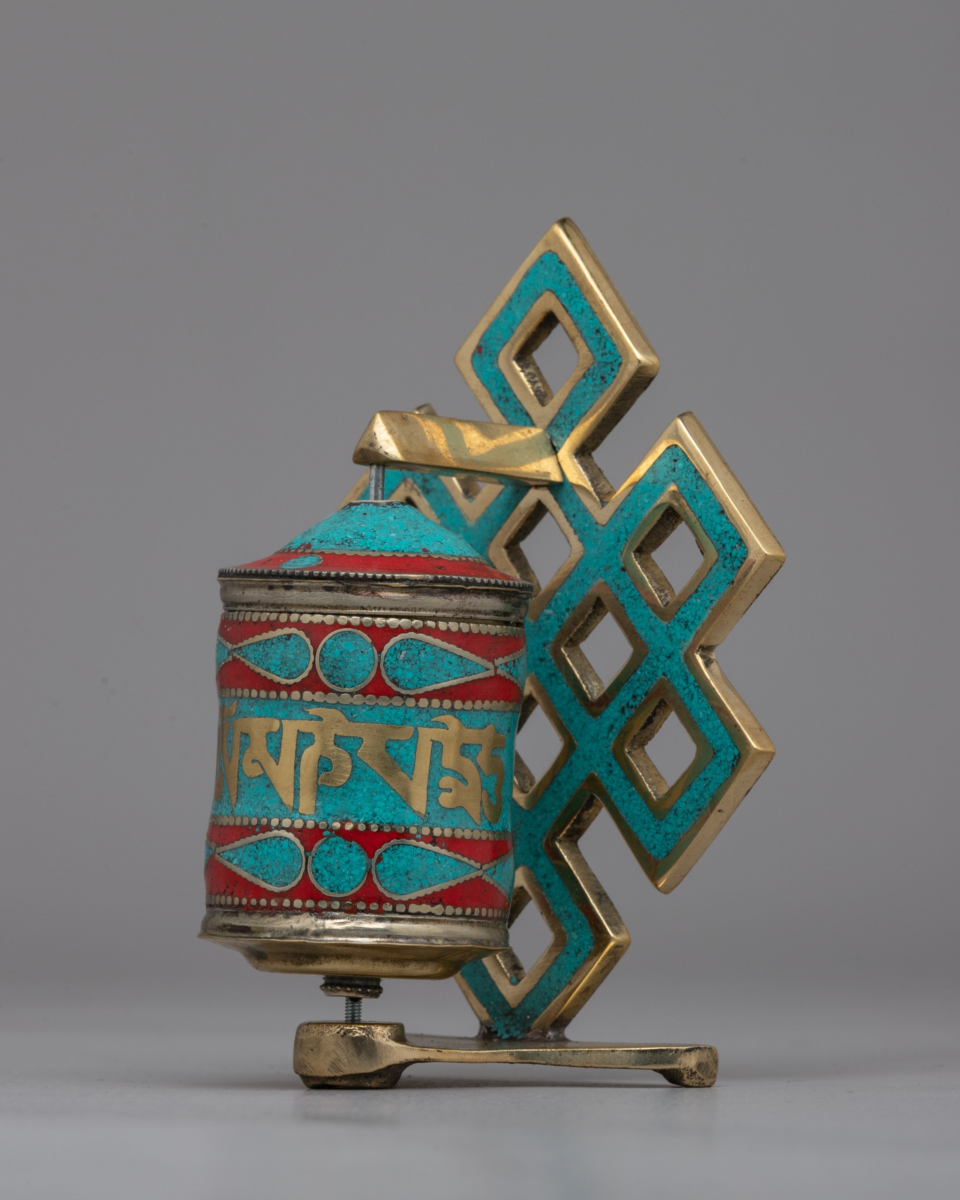 Handcrafted Buddhist Prayer Wheel with Sacred Mantras | Spiritual Healing Artifact with Turquoise
