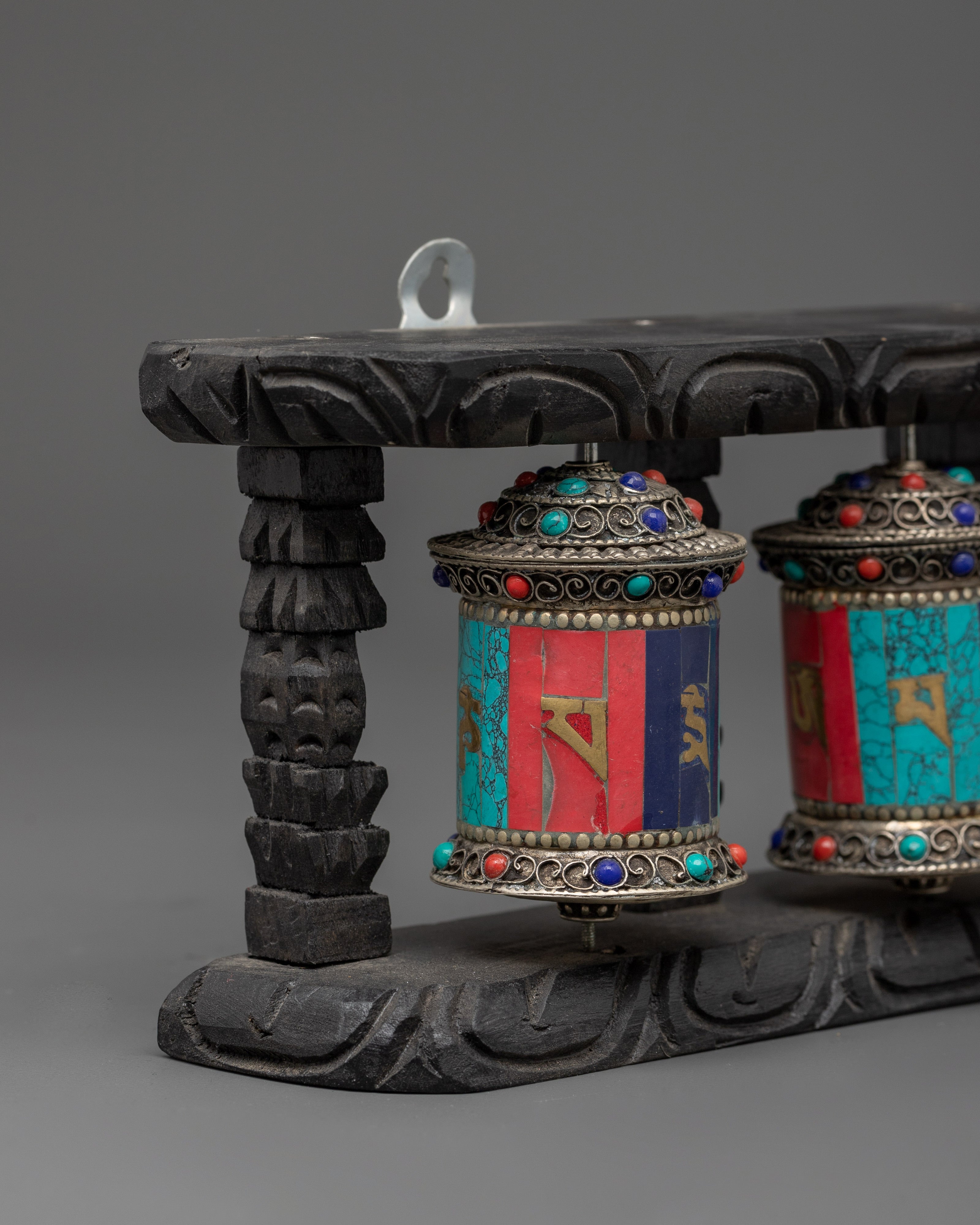 Tibetan Triple Prayer Wheel Set | Spiritual Buddhist Decor