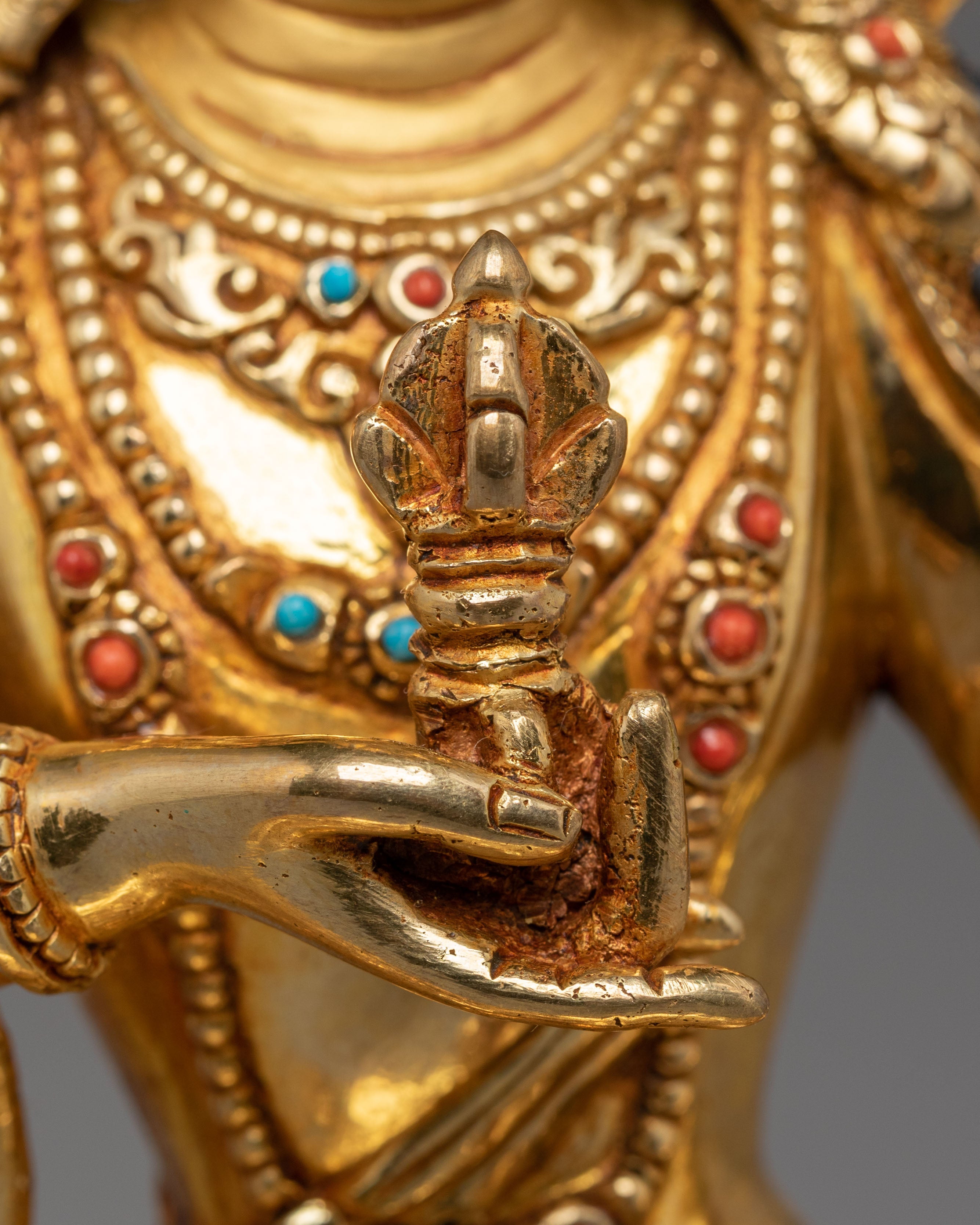Vajrasattva Statue for Altar Decor | Gold Plated Copper Sculpture with Coral & Turquoise