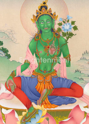 Mother Green Tara, A Thangka Painting in Natural Stone Colors