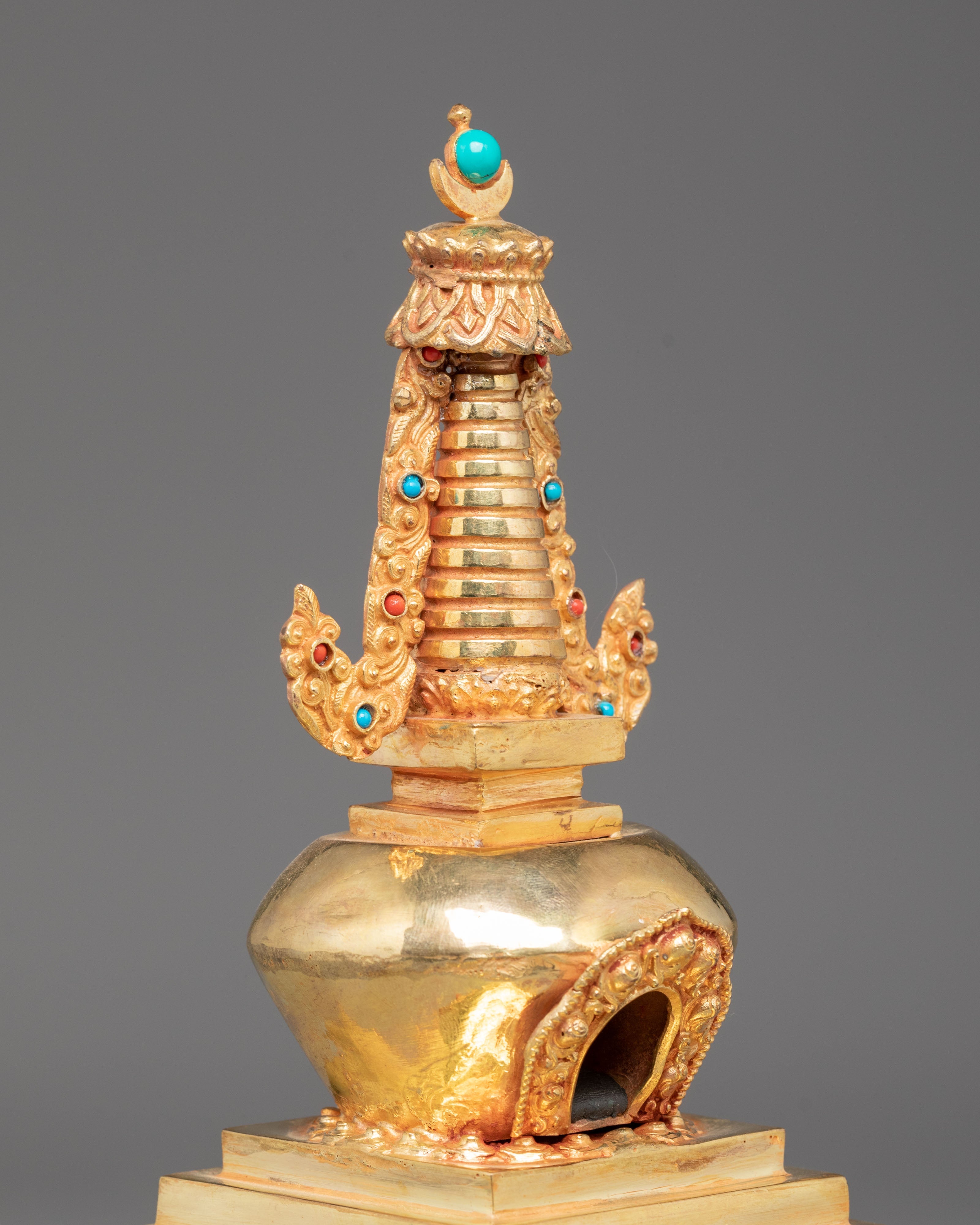 Copper Gold Plated Tibetan Stupa | Sacred Buddhist Shrine Decor