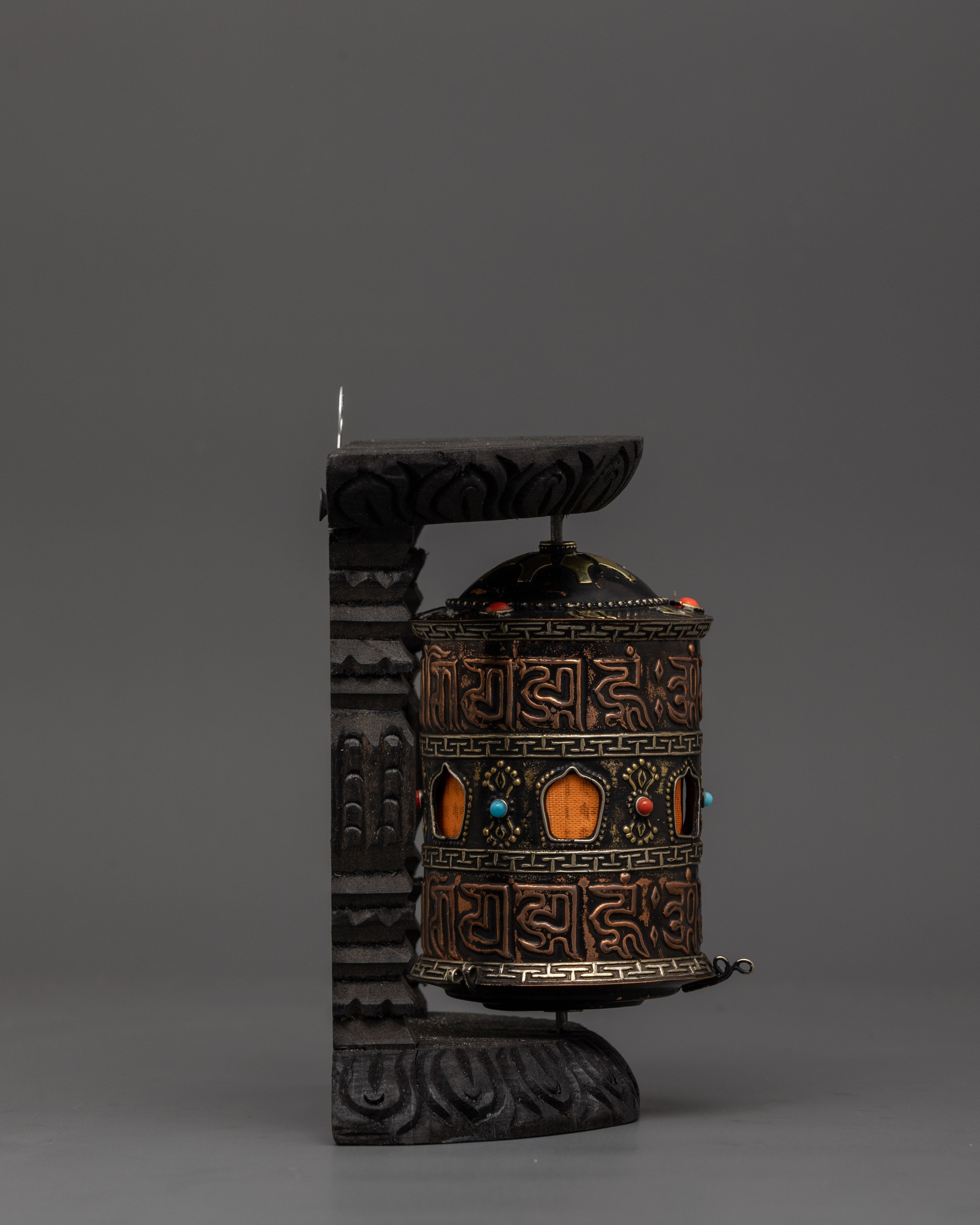 Sacred Tibetan Spinning Mantra Wheel | Copper, Coral, and Turquoise Stones