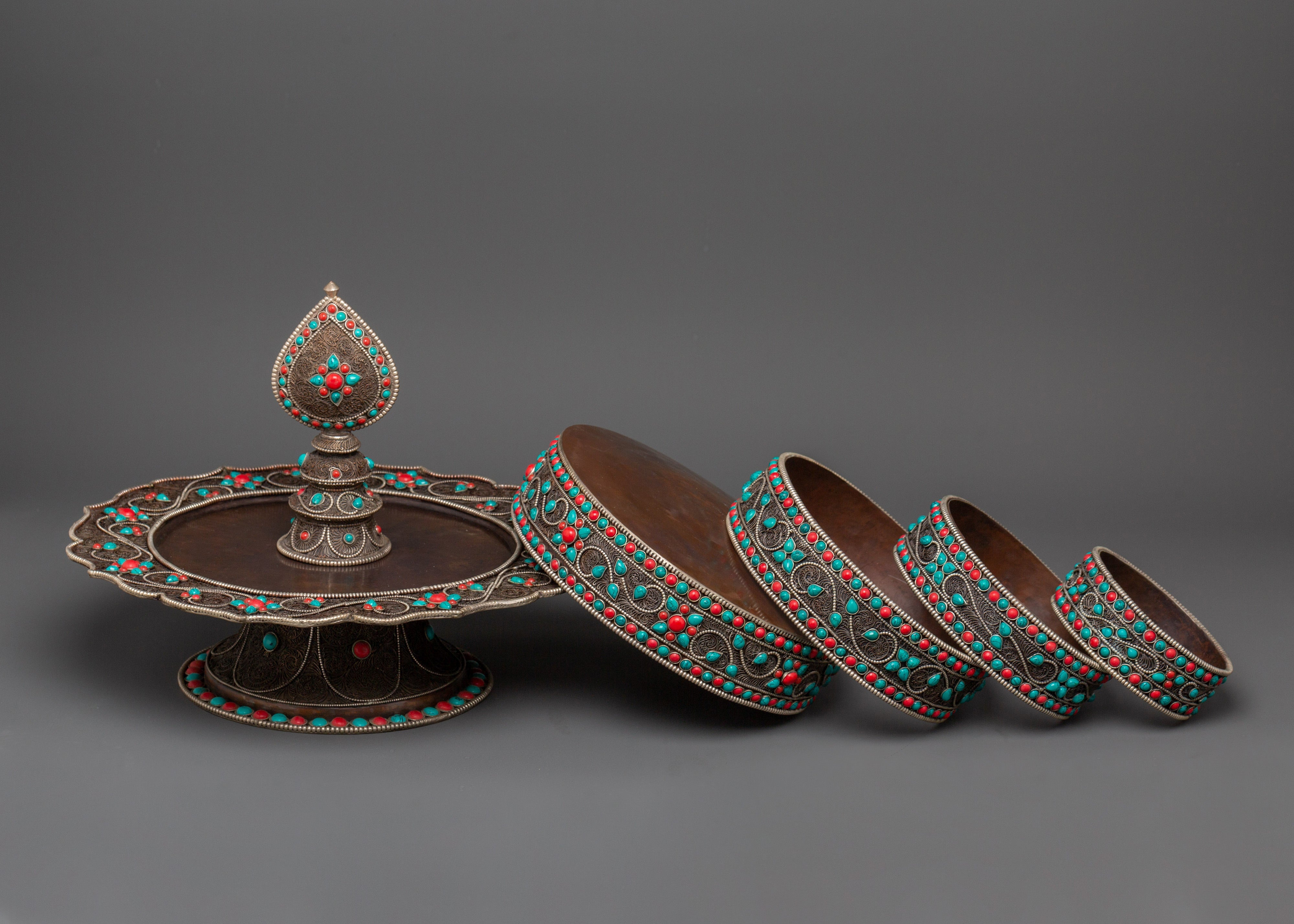 Tibetan Mandala Offering Set with Coral | Buddhist Ritual & Altar Offerings