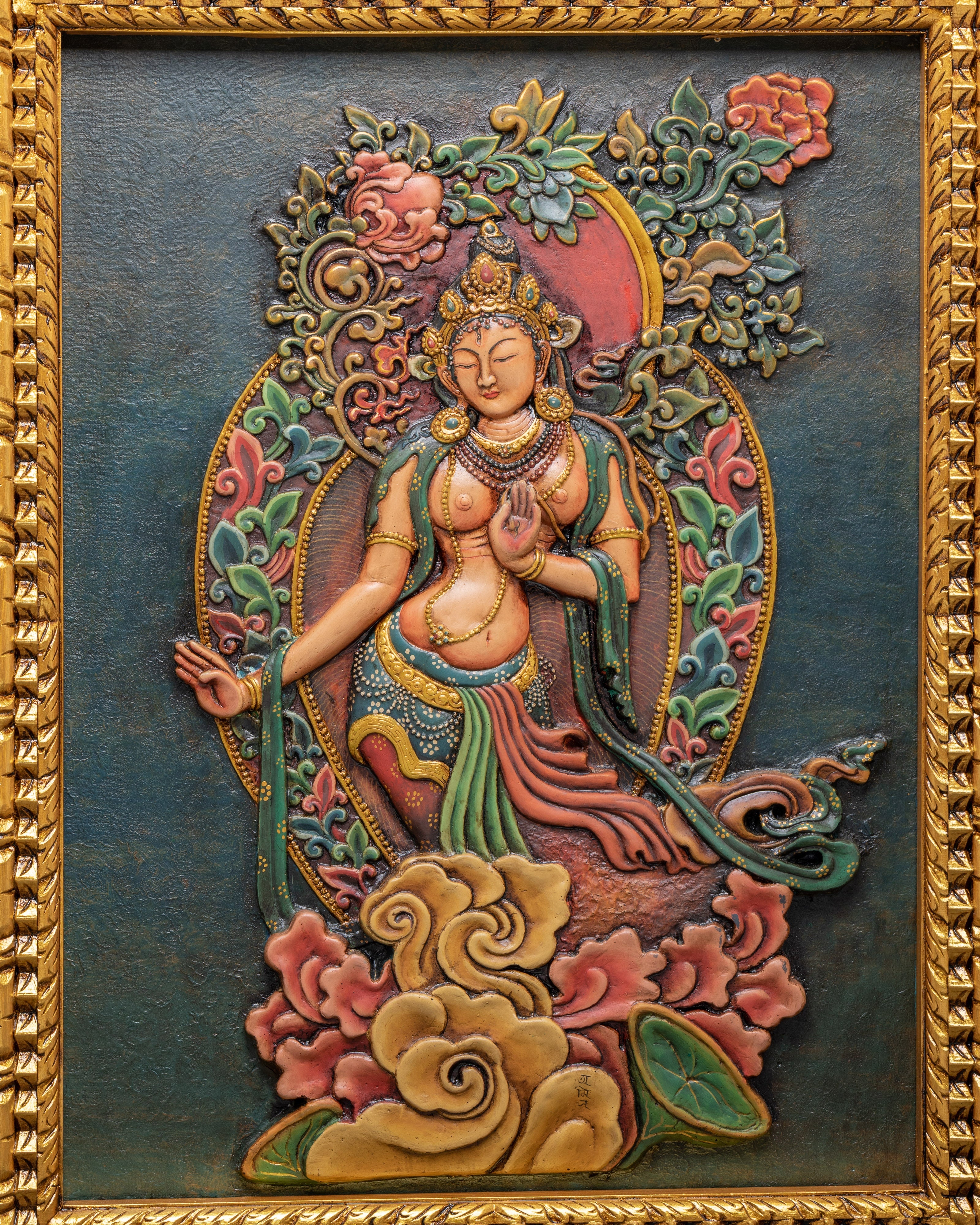 Tara Goddess Wall Hanging Relief Art | Handcrafted Tibetan Wooden Frame Decor