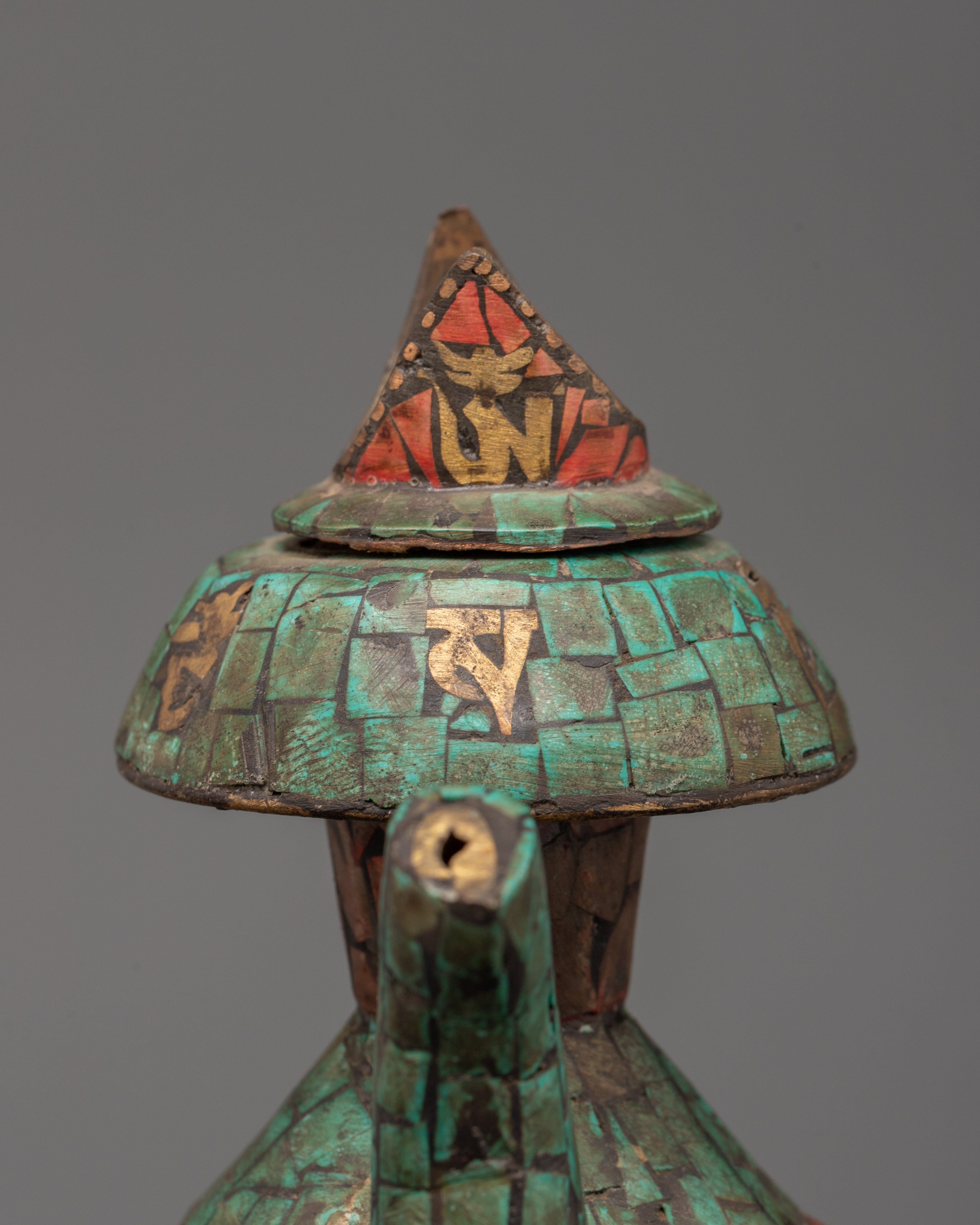 Tibetan Bhumba with Turquoise & Coral Inlay | Ritual Water Vase with Tibetan Symbols