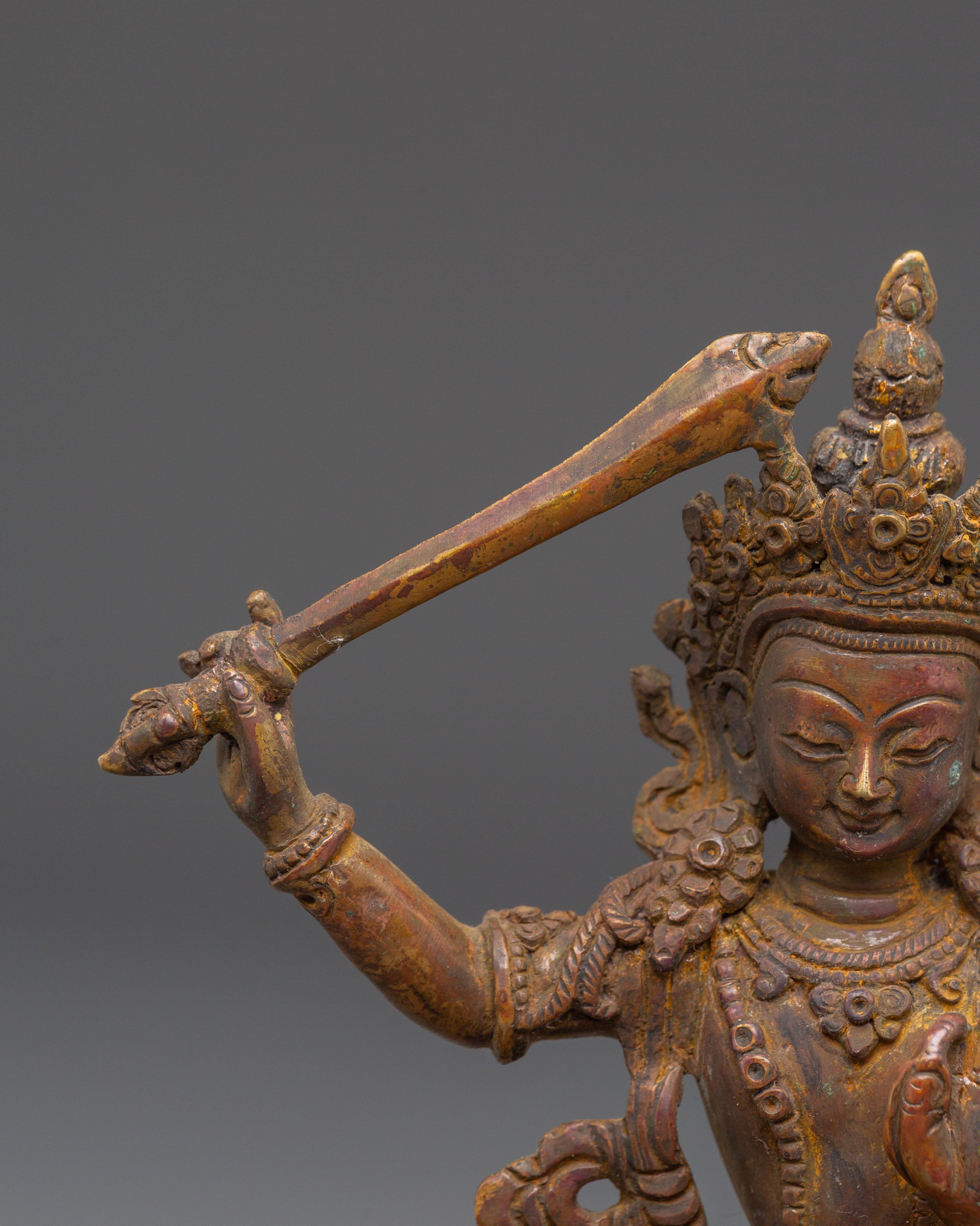 Handcrafted Copper Manjushri Statue | Wisdom Buddha Meditation Sculpture