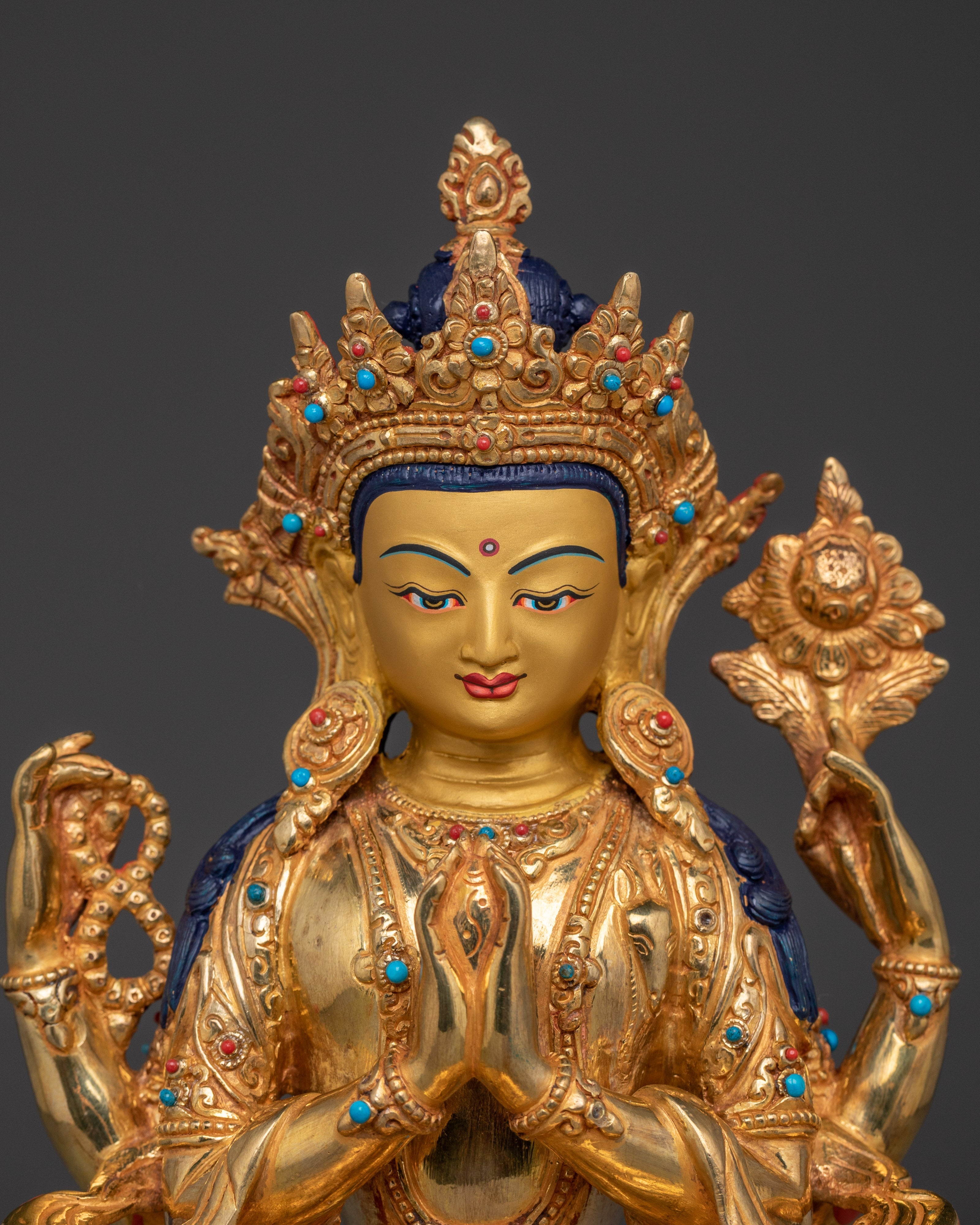 Compassion God Chenrezig Statue | Avalokiteshvara Golden Figurine