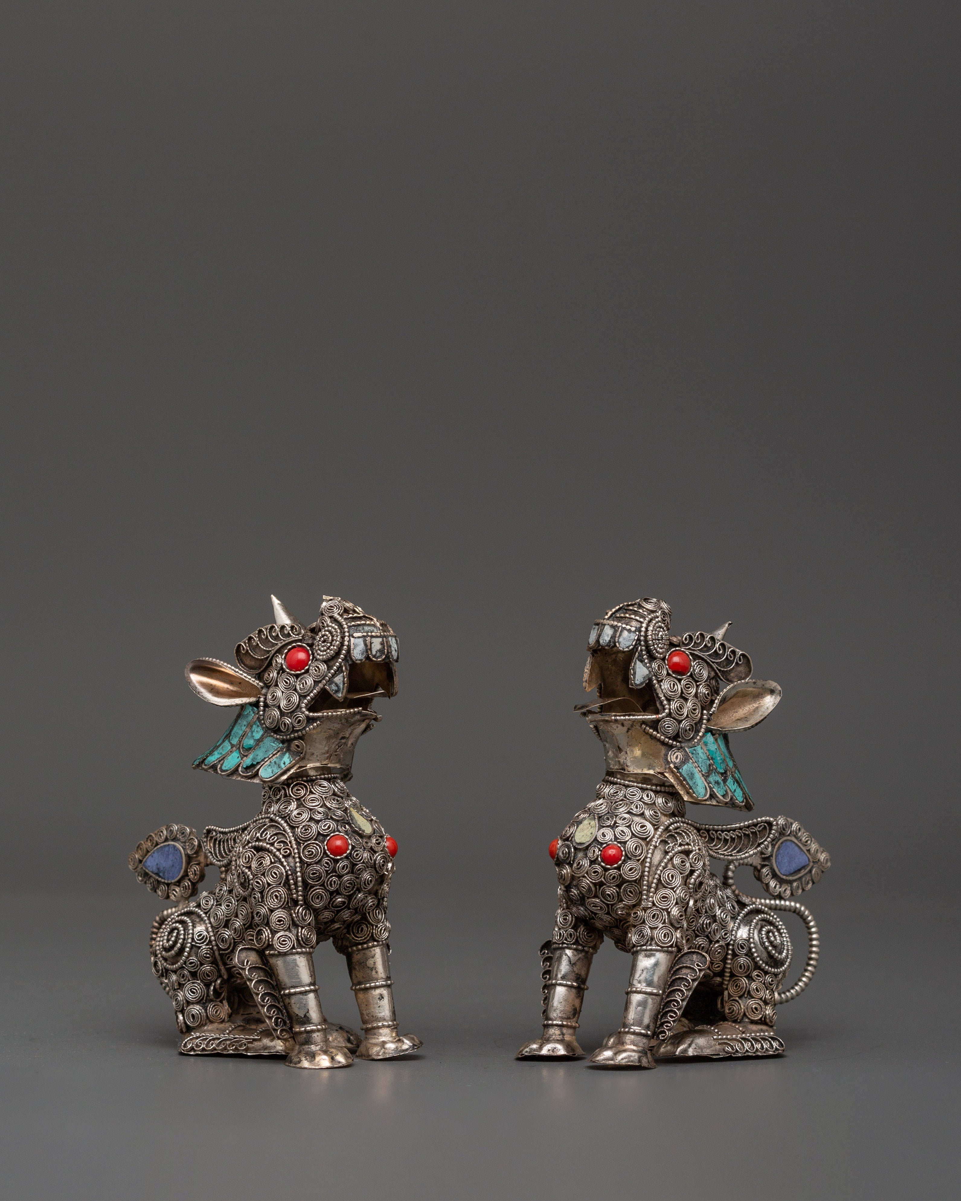 White Metal Guardian Lion Statue Set | With Coral, Turquoise & Lapis Lazuli Stones