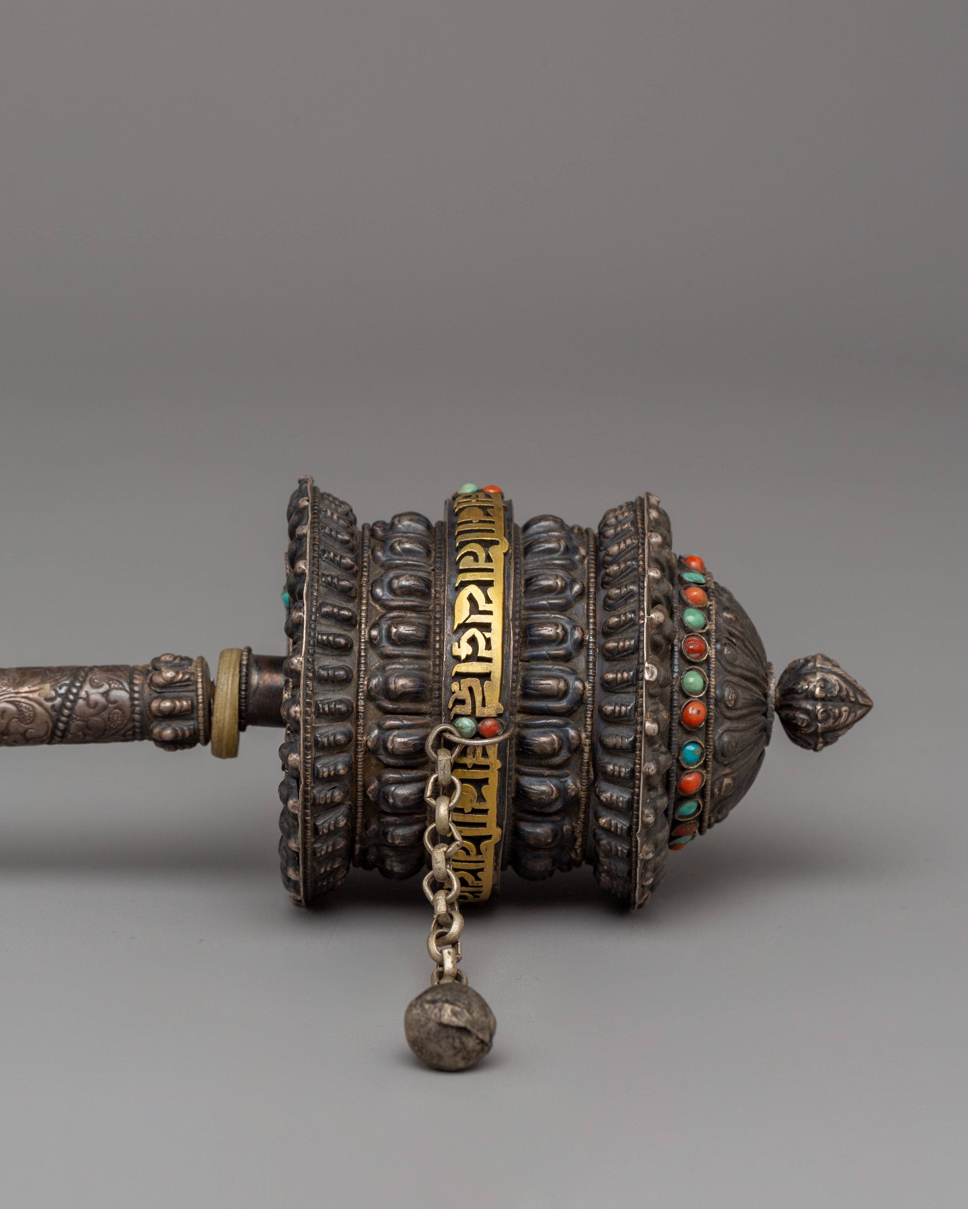 Handcrafted Traditional Prayer Wheel | Copper with Silver, Turquoise & Coral