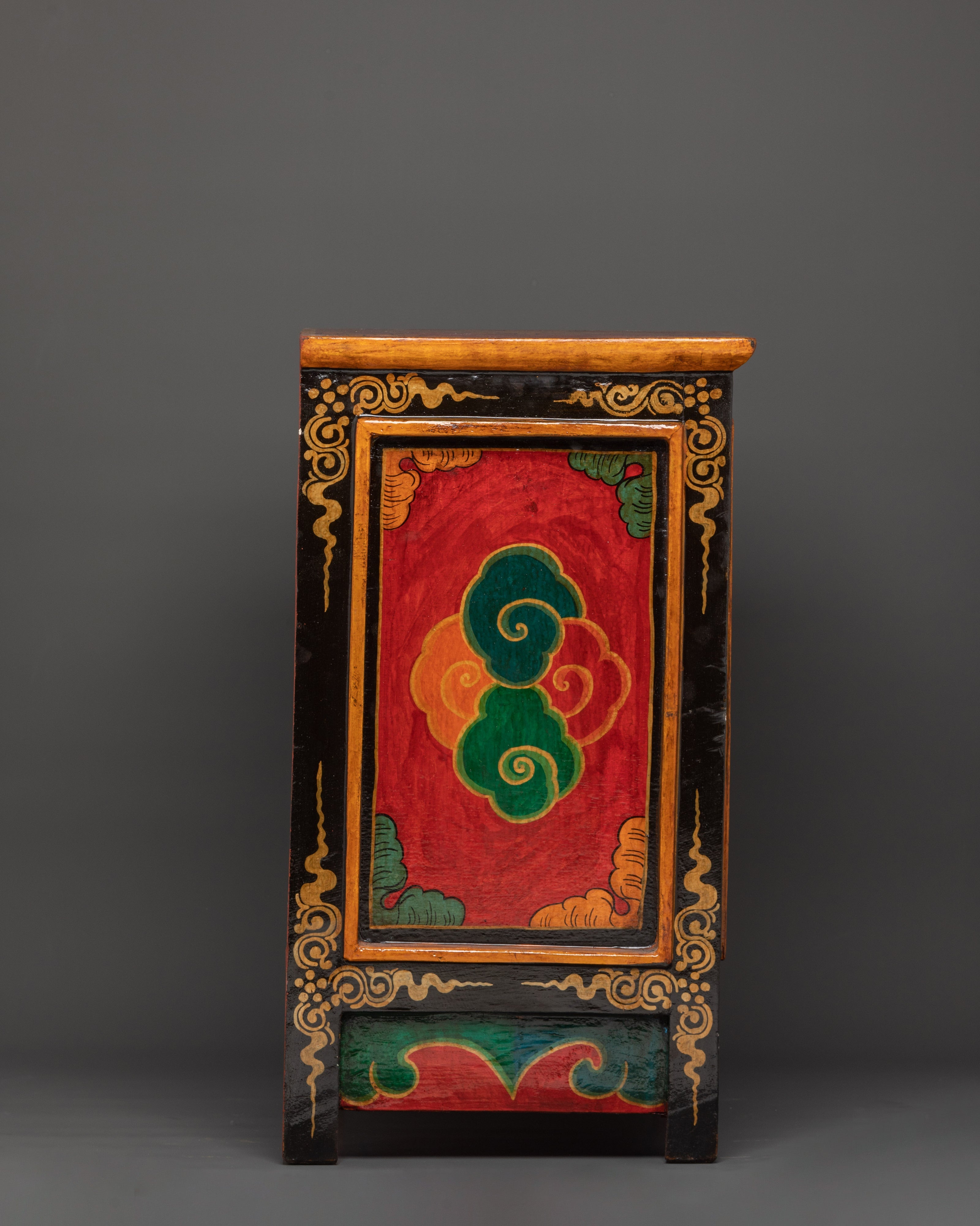 Handcarved Tibetan Wood Cabinet | Engraved Snow Lion Guardian