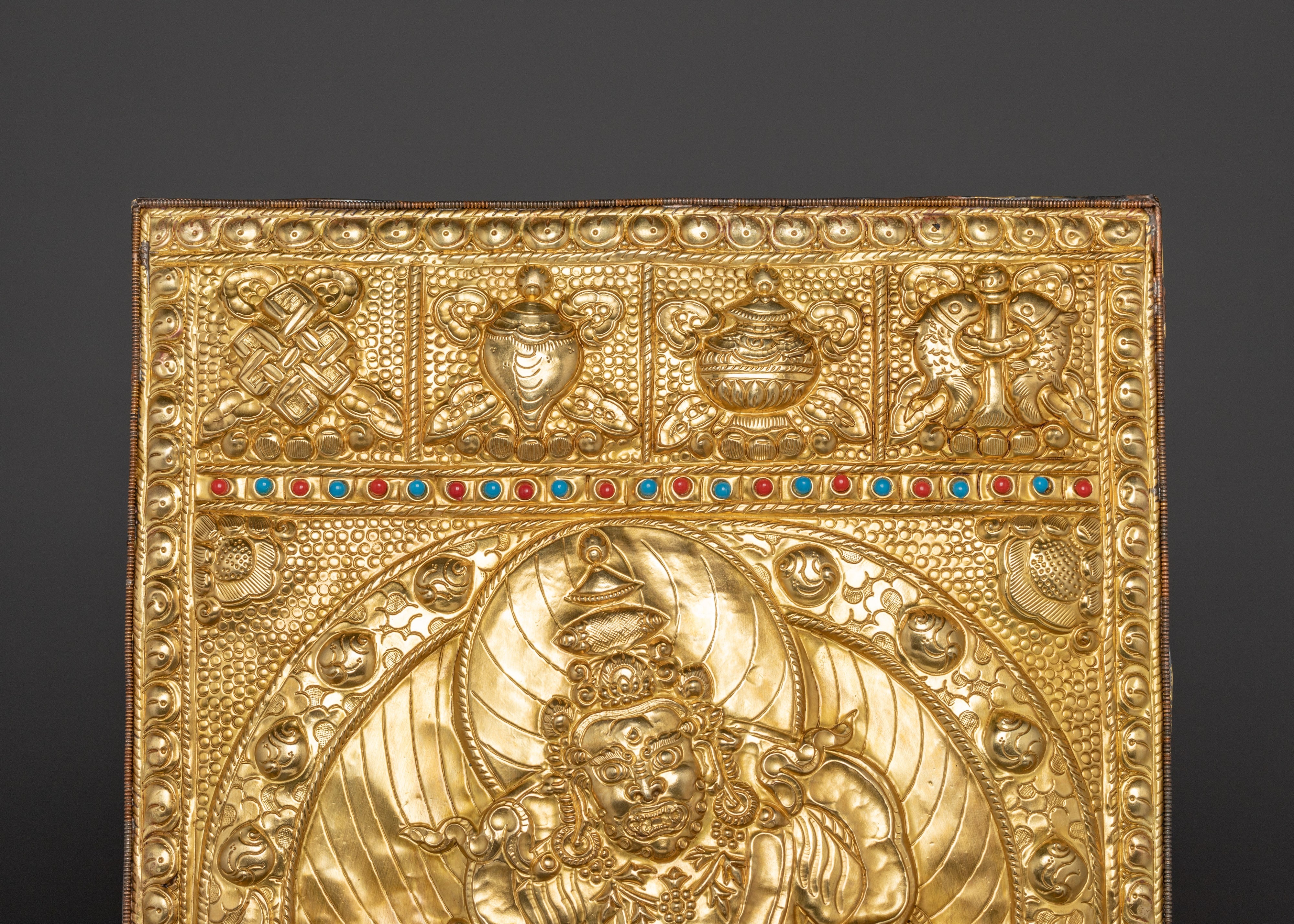 Dzambhala Metal Thangka Wall Hanging | Brass Tibetan Wealth Deity Artwork