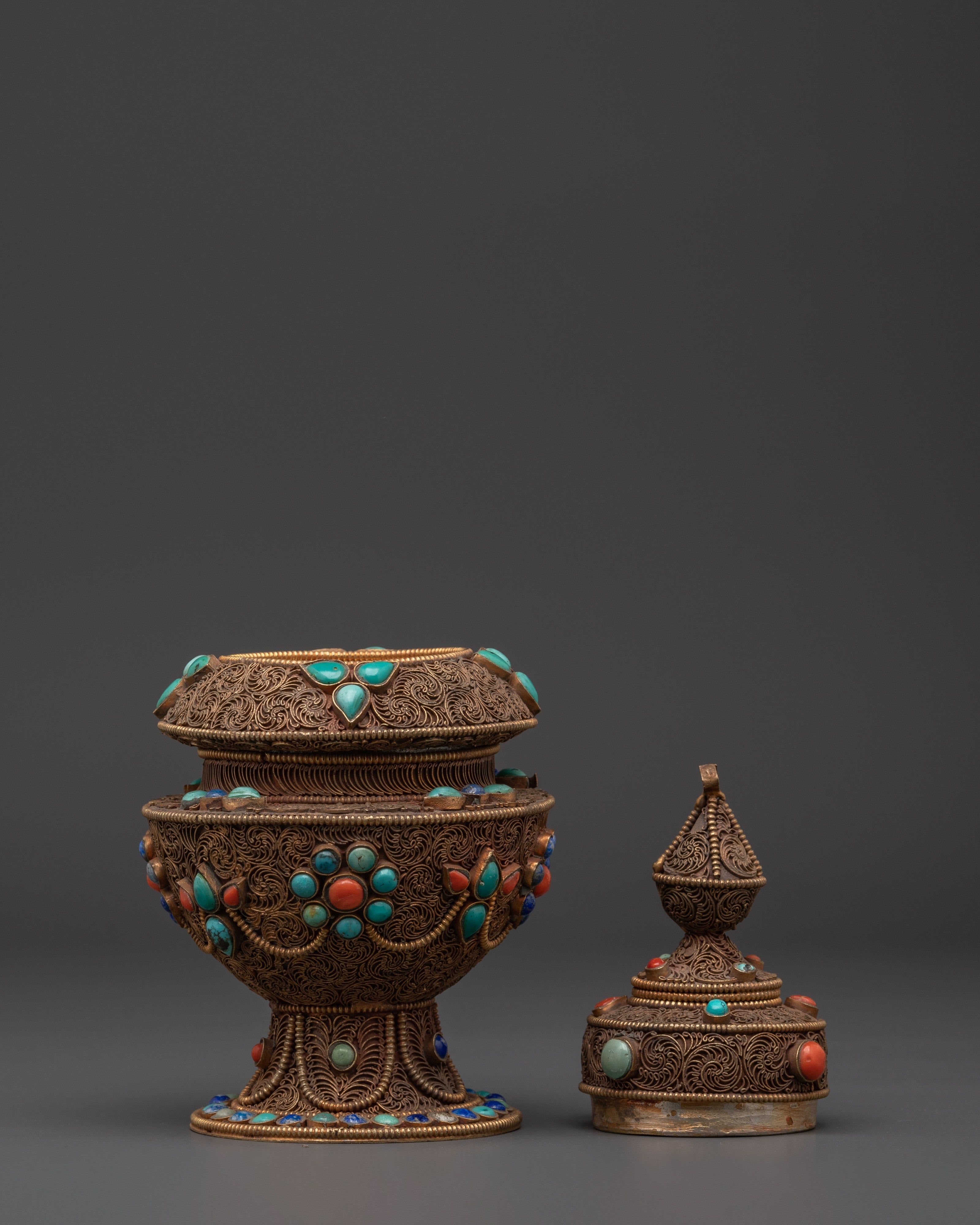 Handcrafted Tibetan Filigree Rice Pot | Copper Pot with Coral & Turquoise Inlays