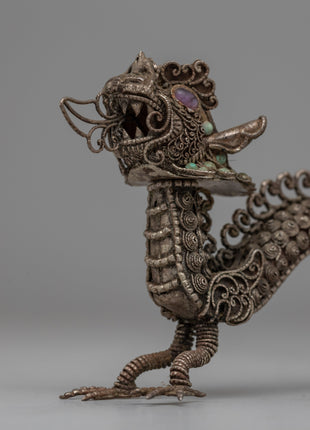 Elegant Silver Filigree Dragon Statue | Buddhist-Inspired Home Decor