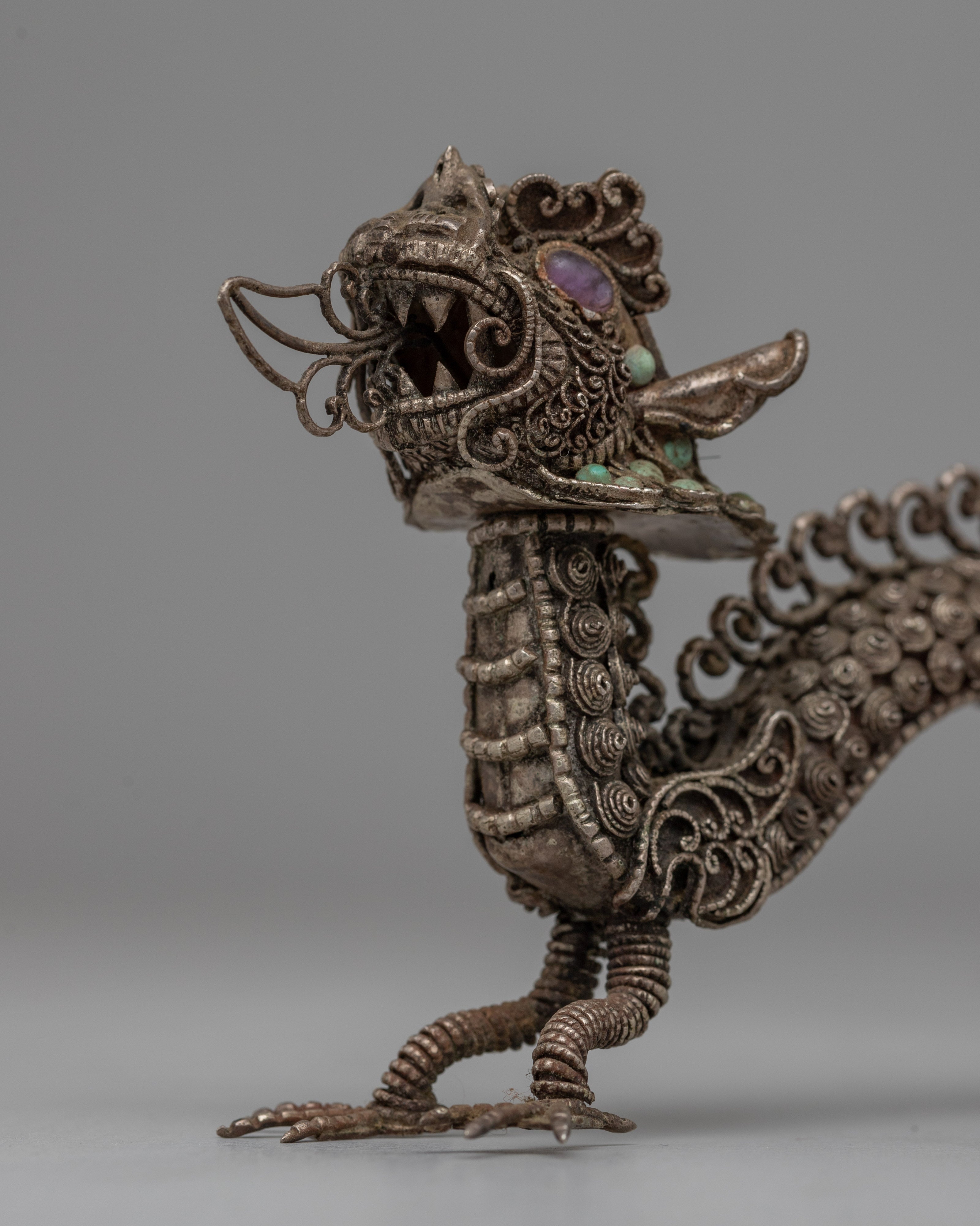 Elegant Silver Filigree Dragon Statue | Buddhist-Inspired Home Decor