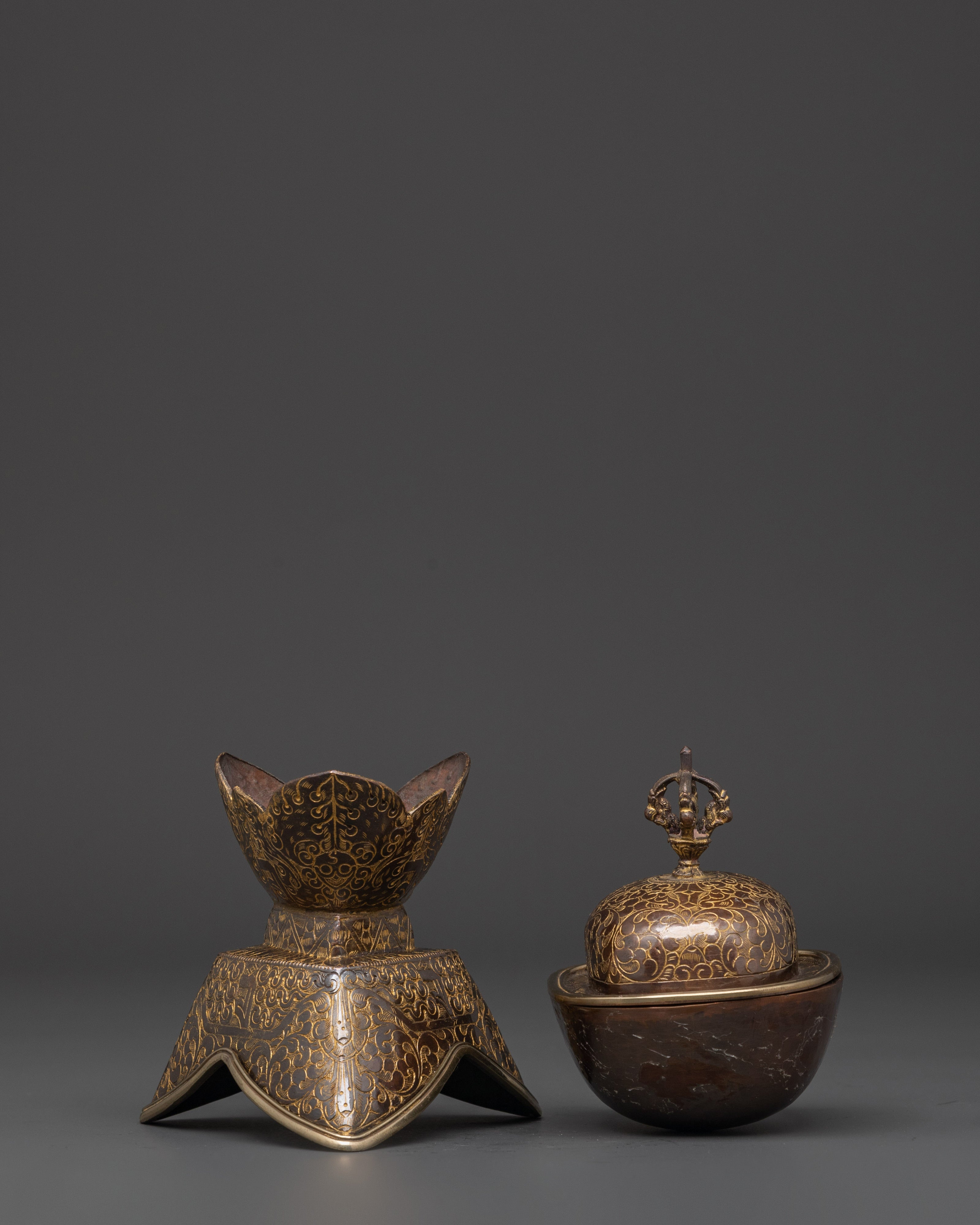 Tibetan Kapala Set for Buddhist Rituals | Oxidized Copper Skull Cup with Vajra Lid