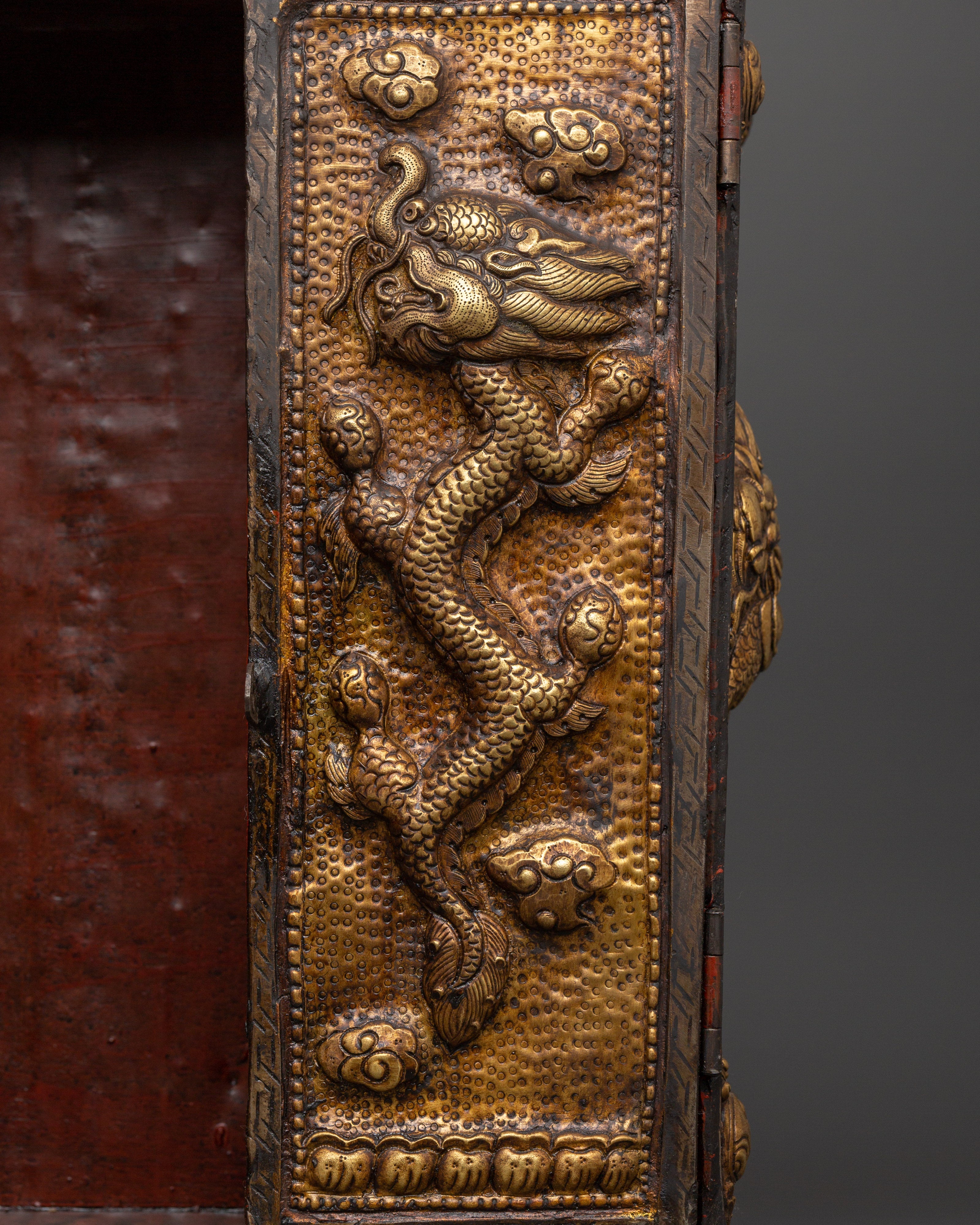 Large Tibetan Ghau Box | Brass & Iron Buddhist Altar Shrine