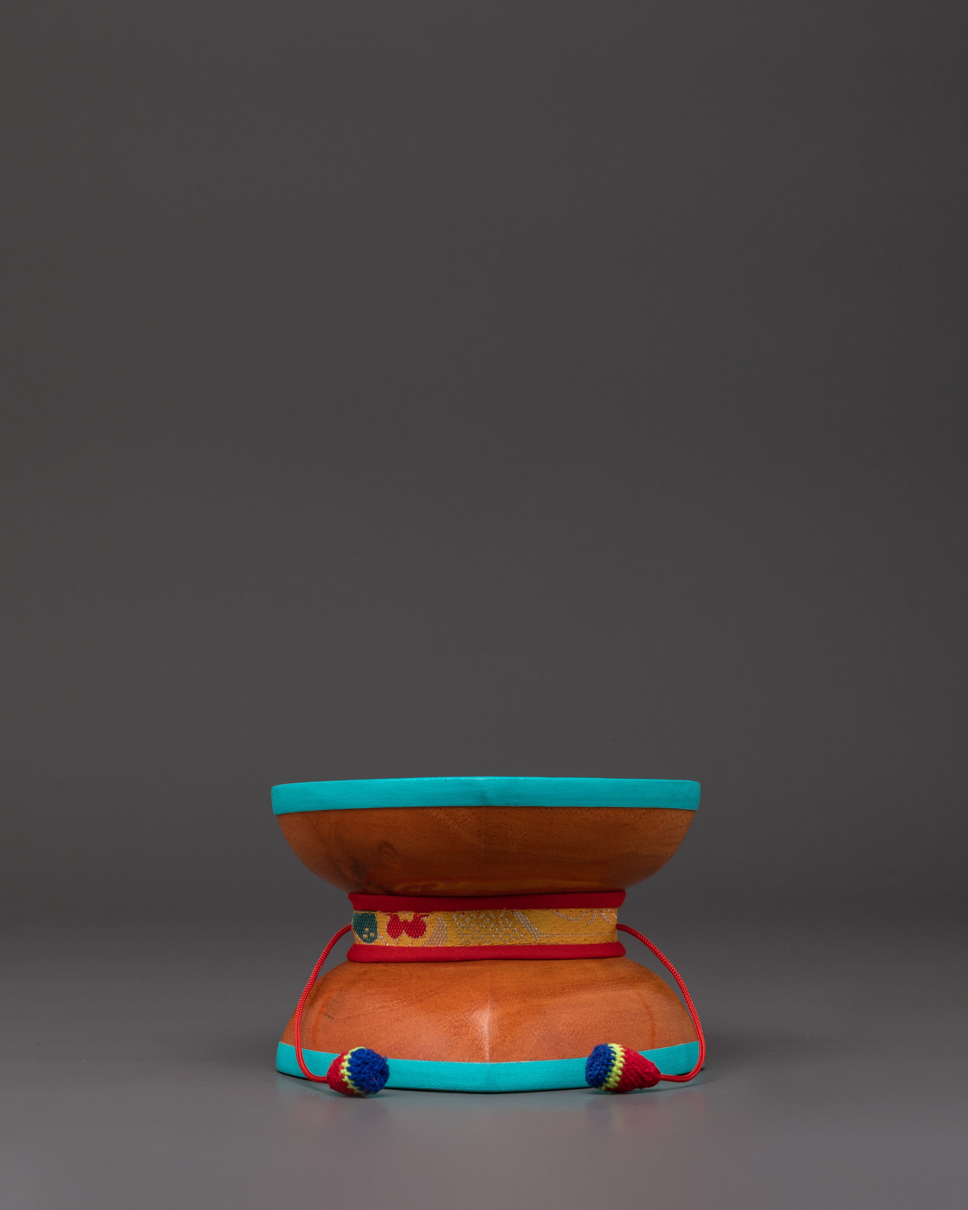 Tibetan Meditation Damaru Drum | Wooden Buddhist Ritual Instrument with Silk Brocade Cover