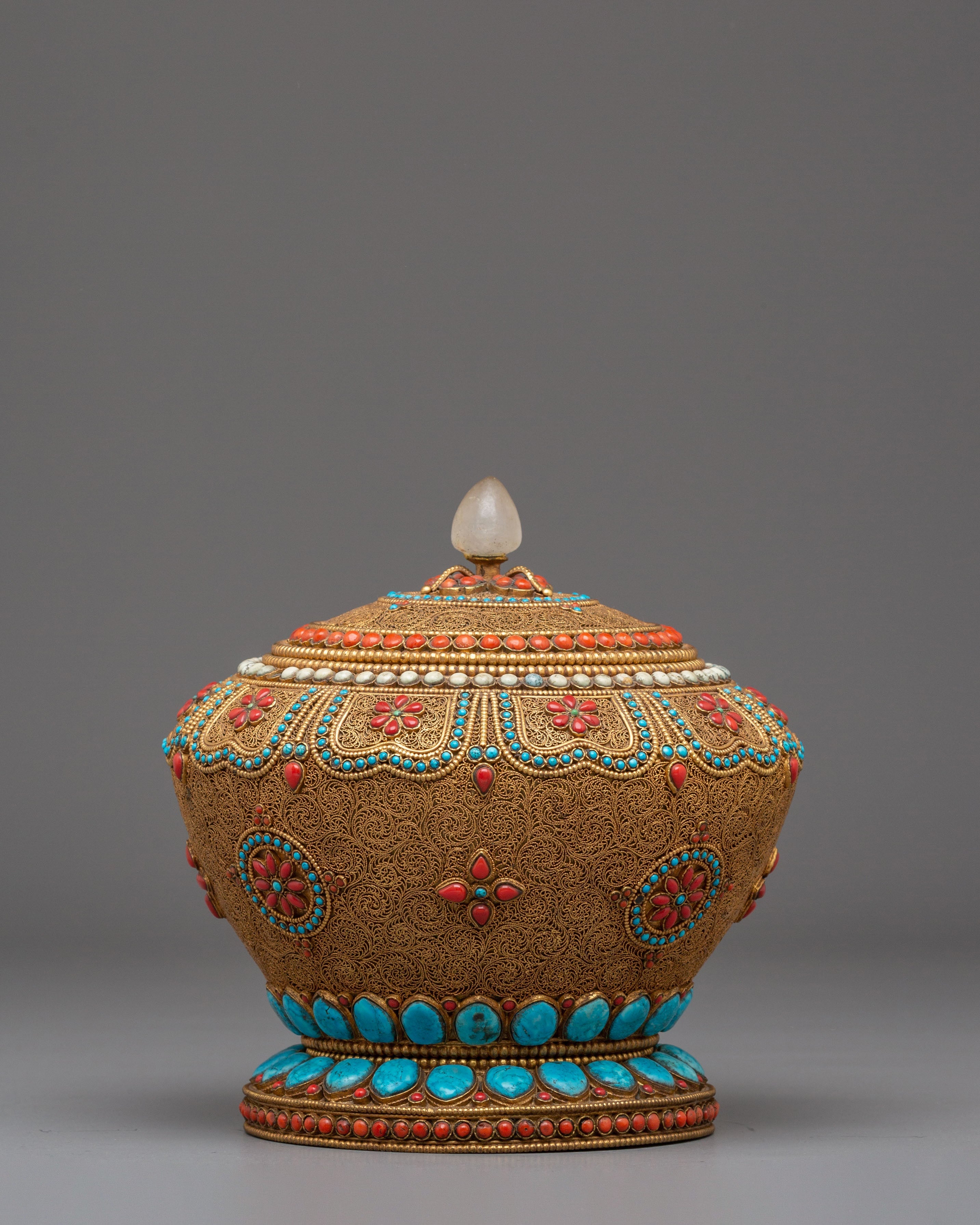Tibetan Offering Rice Pot | Gold-Plated Copper Pot with Coral & Turquoise