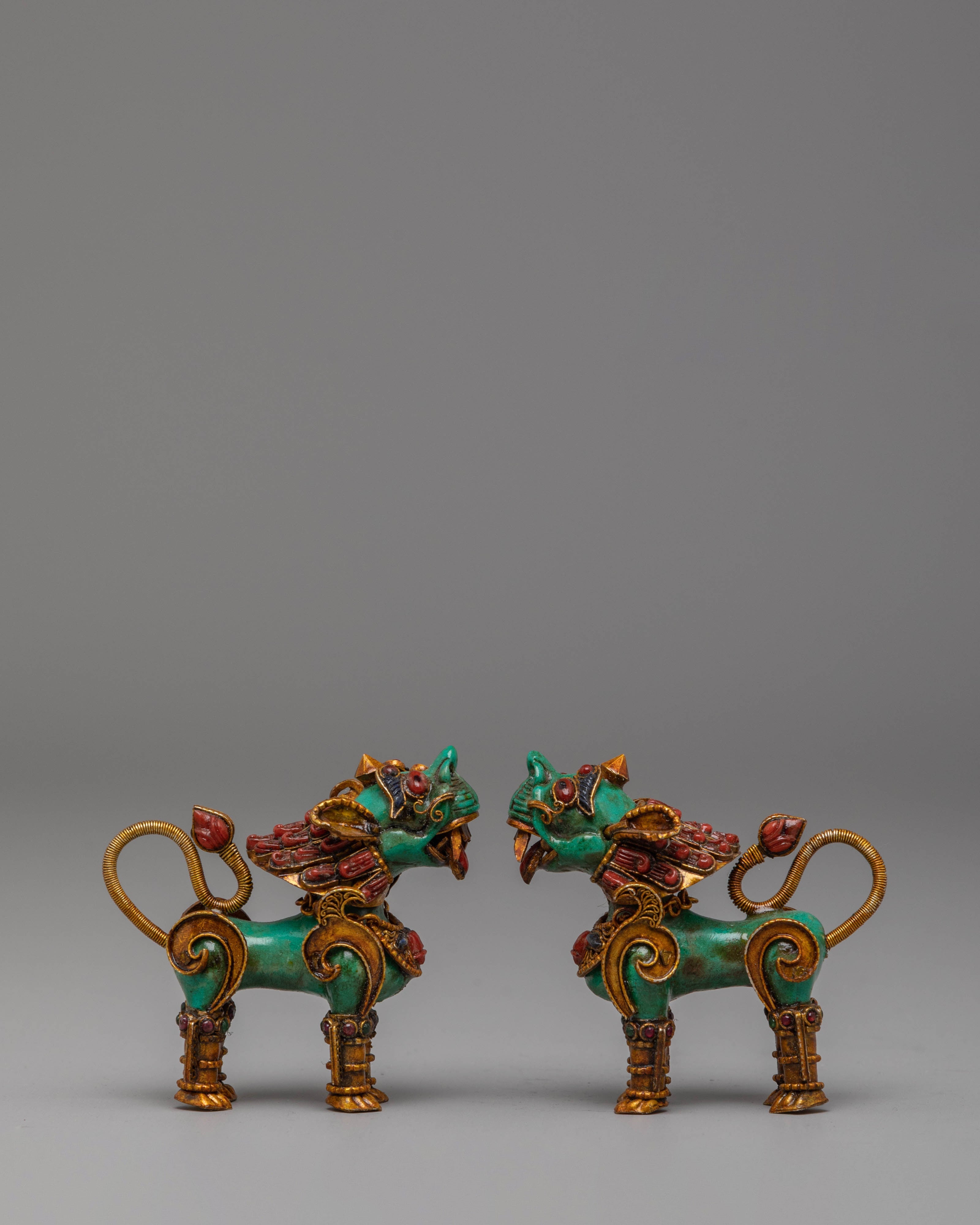 Himalayan Crystal Stupa and Guardian Lion Set | Electro Gold-Plated Tibetan Art