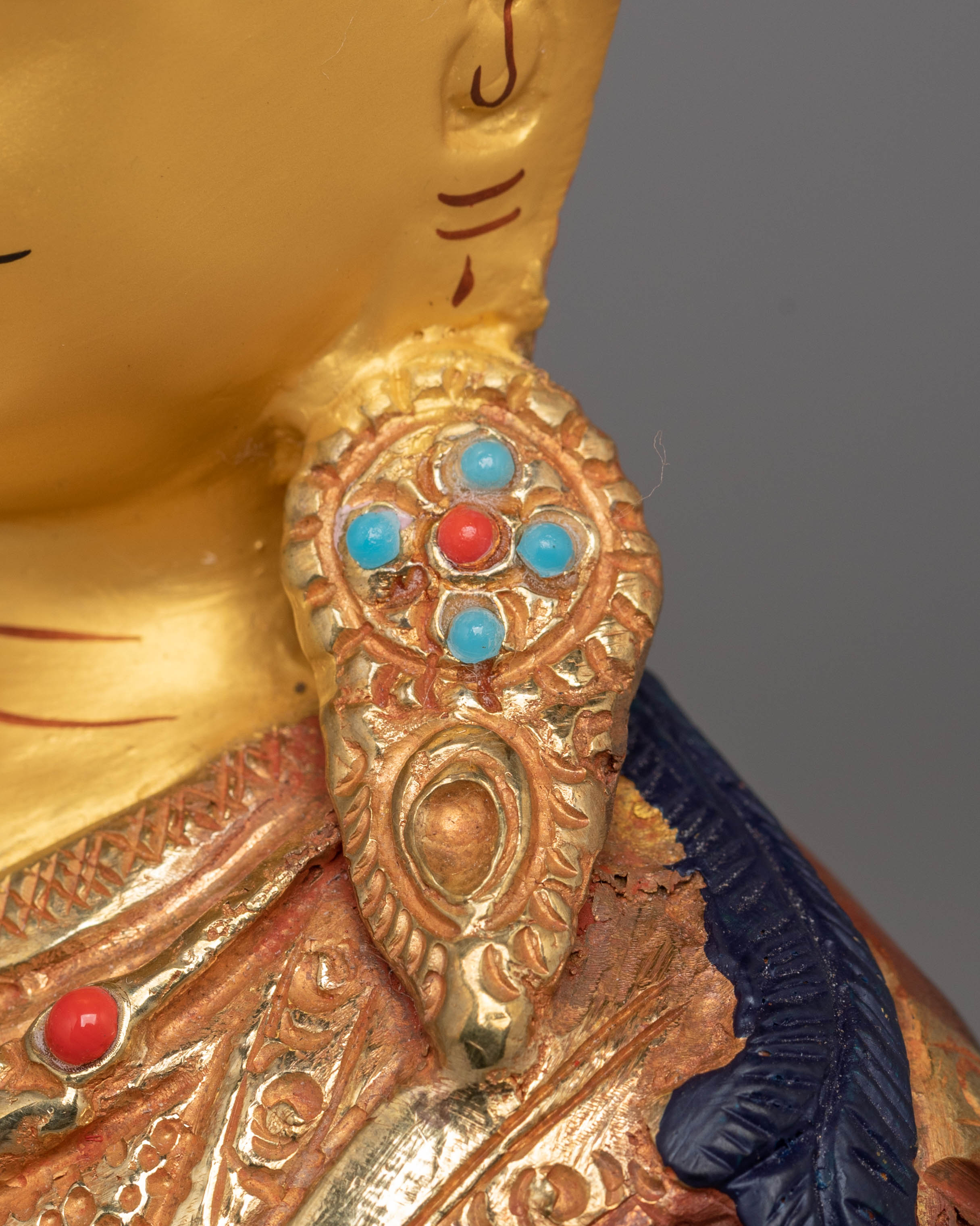 Guru Rinpoche Bodhisattva Sculpture | Fire Gold-Coated with Coral & Turquoise
