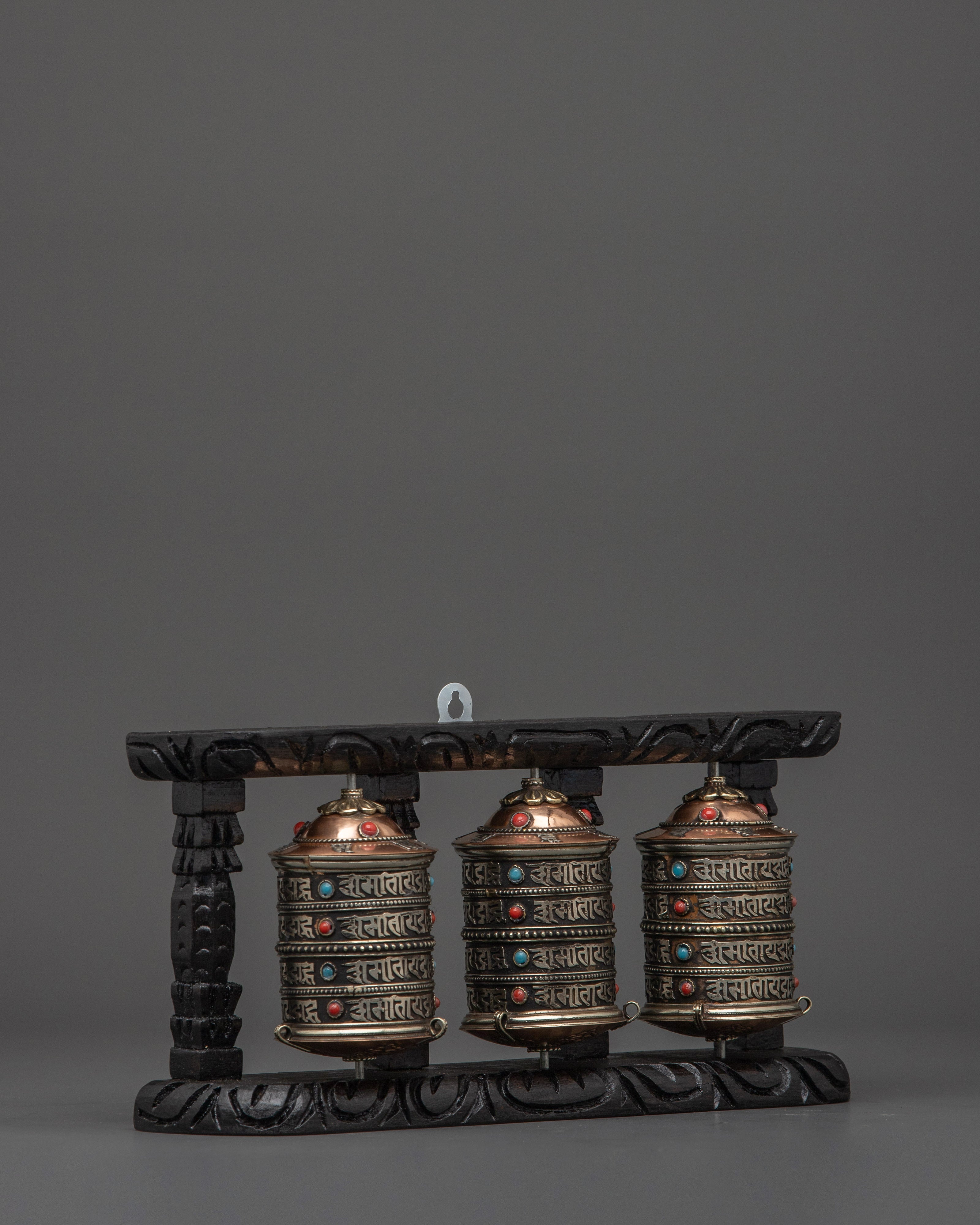 Three-Wheel Prayer Spinner in Wooden Frame | Tibetan Buddhist Home Blessing Tool