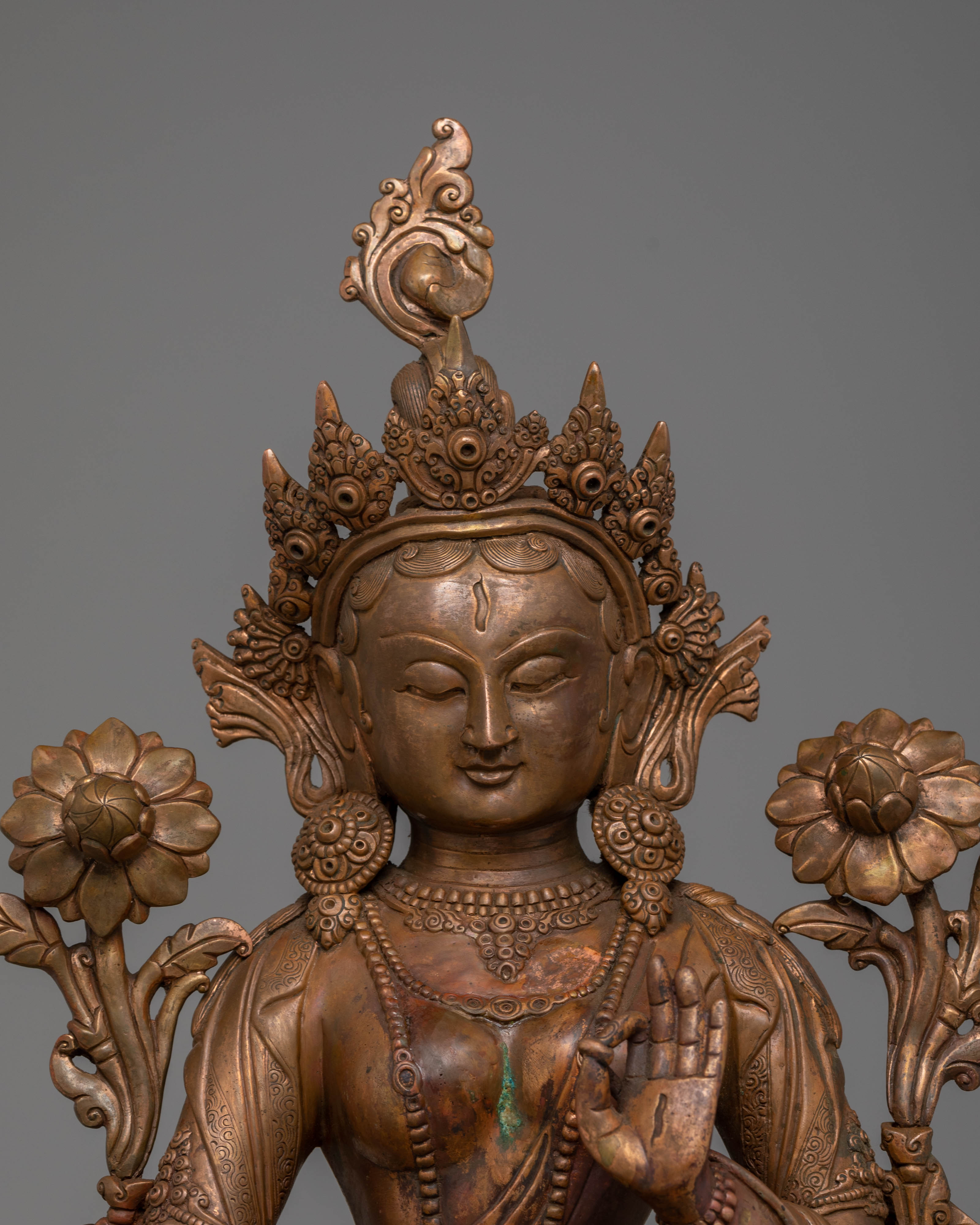 Sacred Statue of Green Tara | Oxidized Copper Buddha Statue for Meditation and Altar