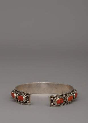Silver & Coral Tibetan Bracelet | Handmade Spiritual Healing Cuff