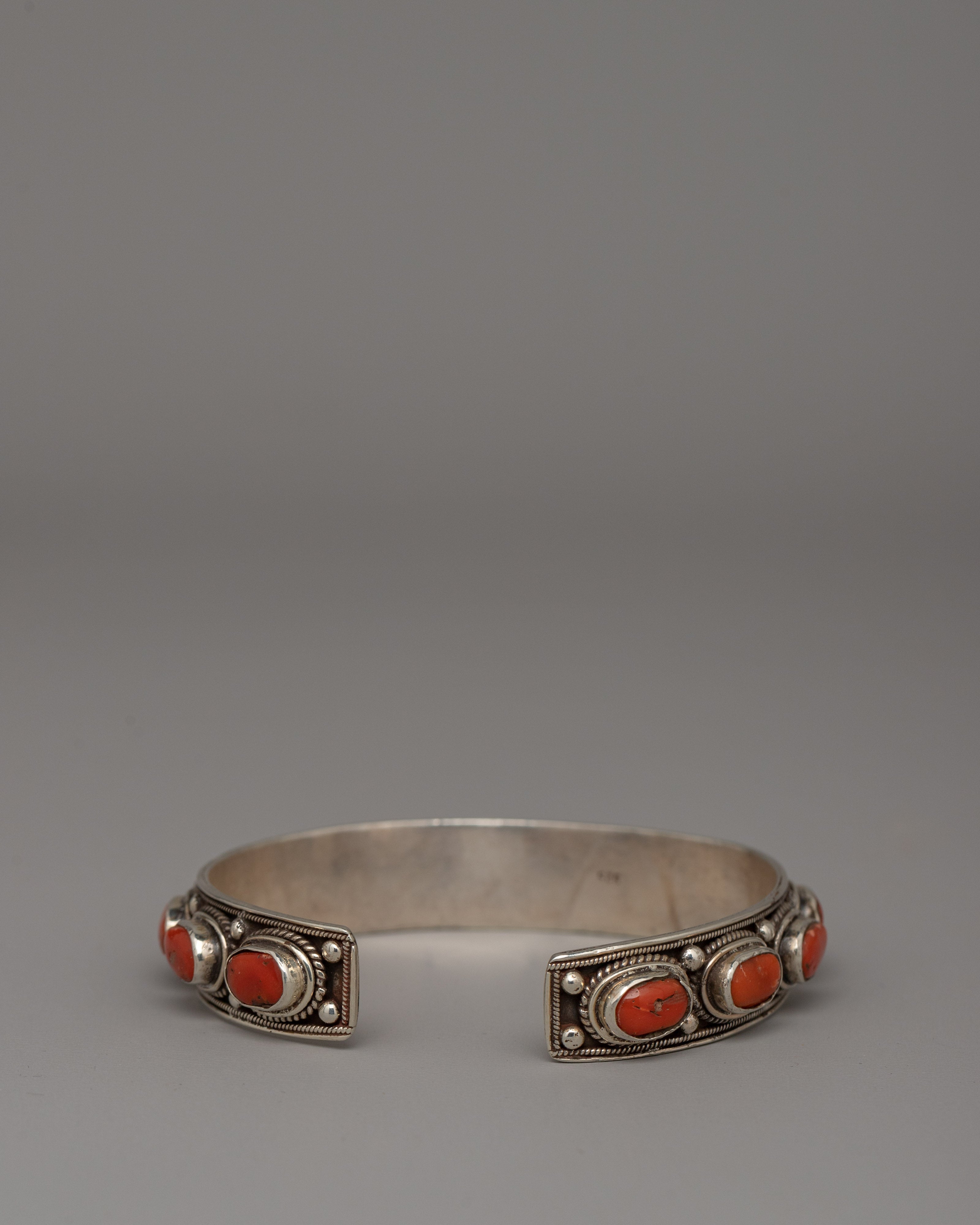 Silver & Coral Tibetan Bracelet | Handmade Spiritual Healing Cuff