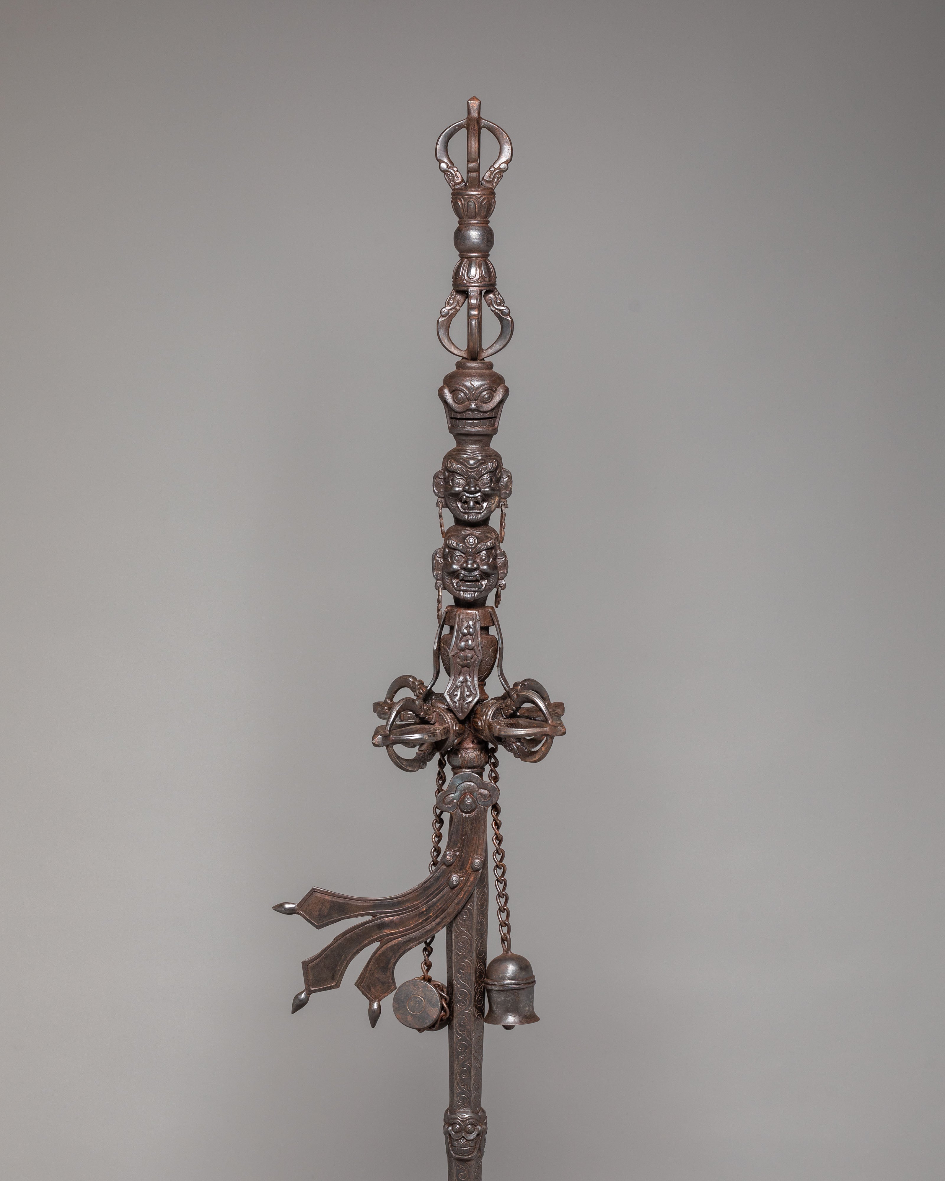 Sacred Ritual Item Khatan | Tibetan Oxidized Copper Ritual Staff