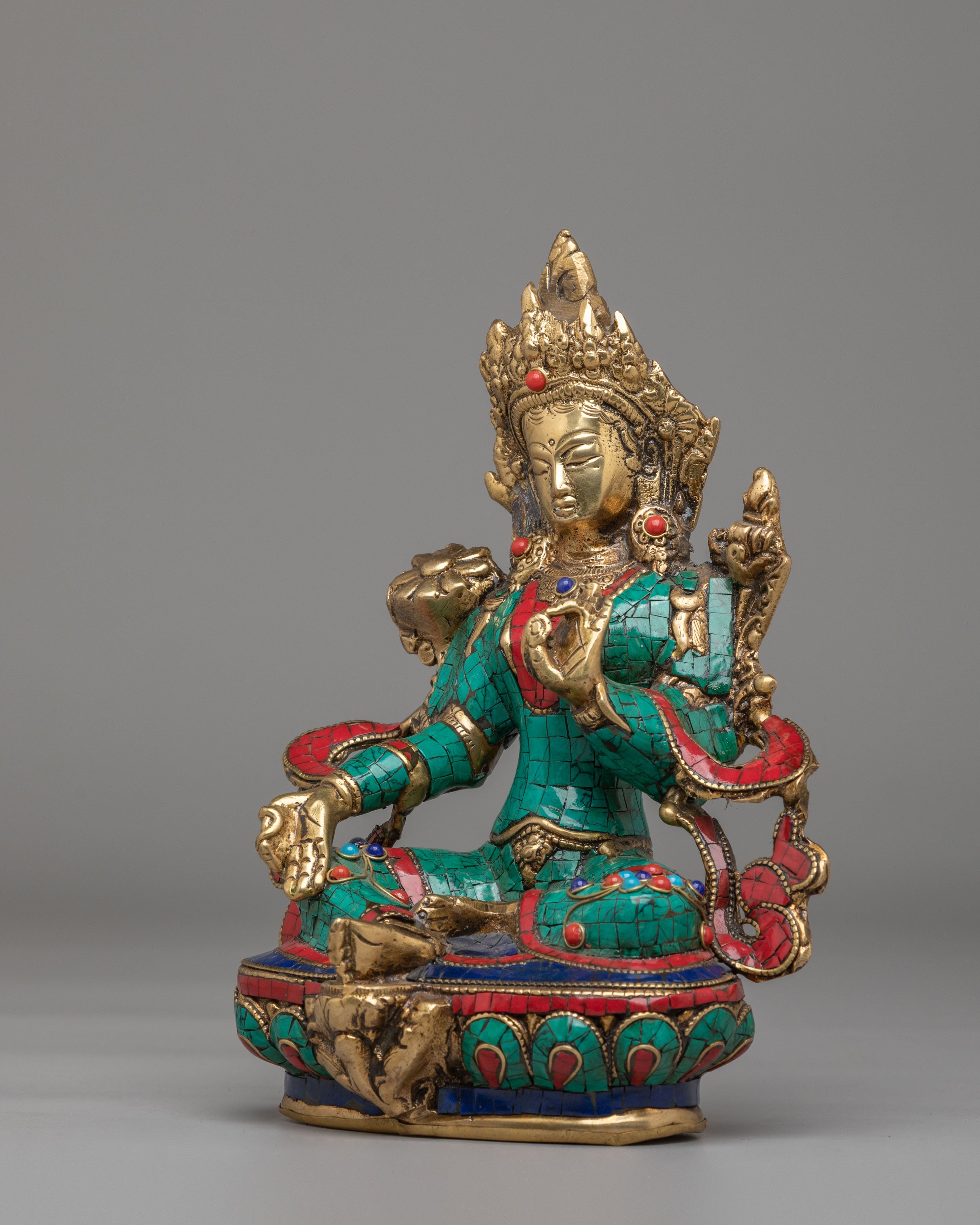 Spiritual Green Tara Buddhist Deity Statue | Tibetan Tara with Turquoise Inlay