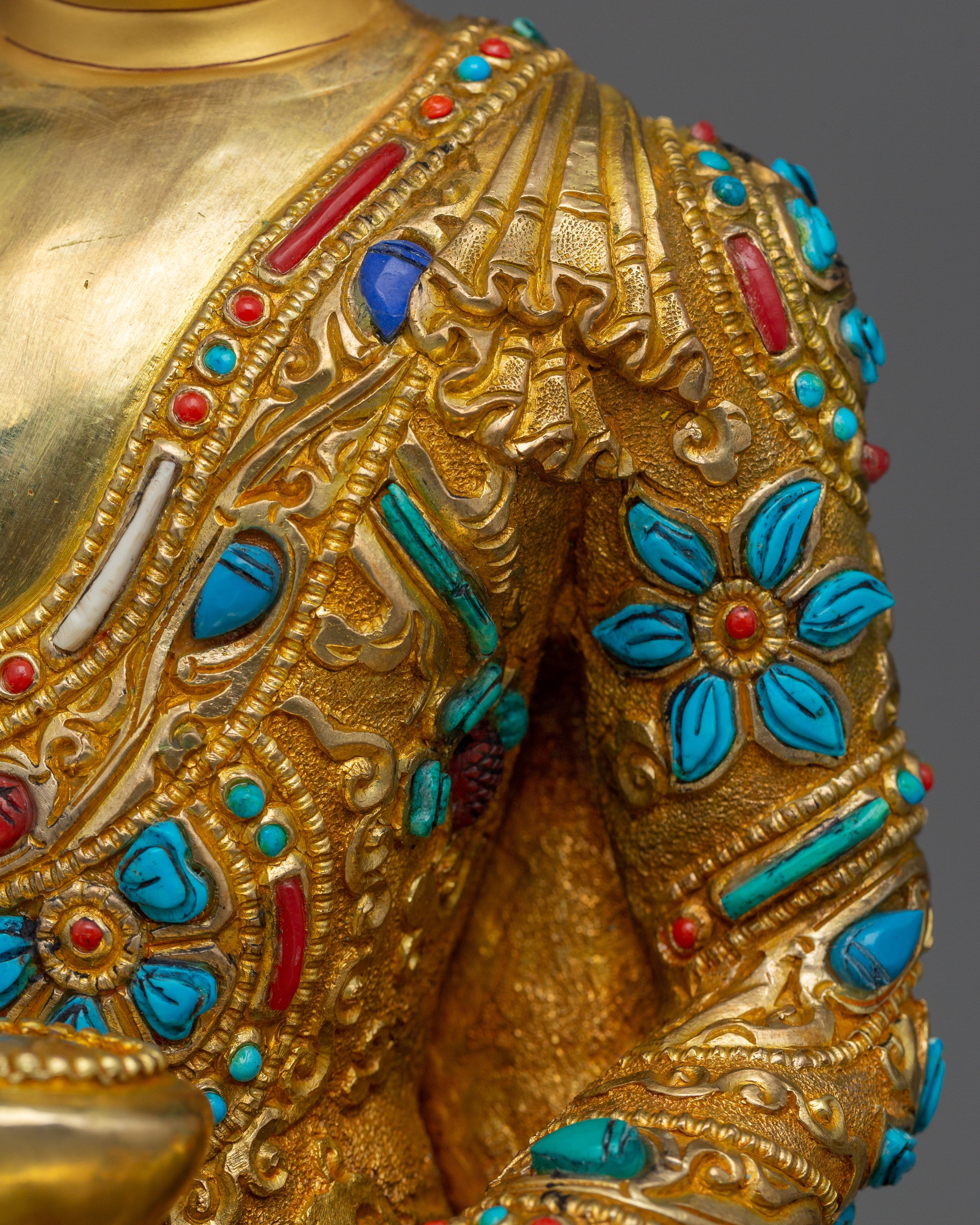 Shakyamuni Buddha adorned with Gemstone Statue | 24k Gold Gilded Sculpture