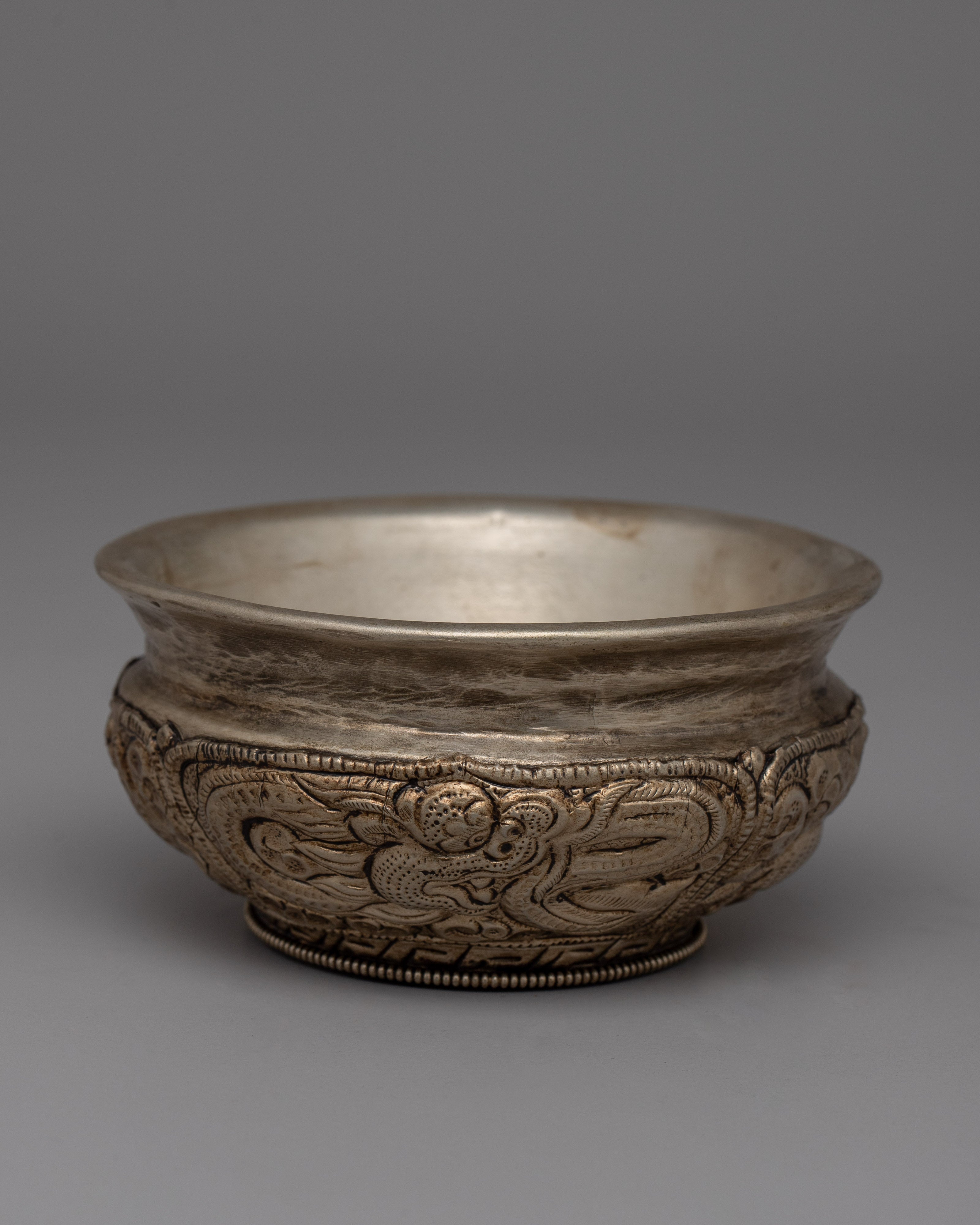 Traditional White Metal Buddhist Offering Bowl | Ideal for Altars and Meditation Spaces