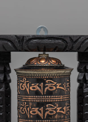 Handcrafted Tabletop Tibetan Prayer Wheel | Copper Body & Wooden Frame
