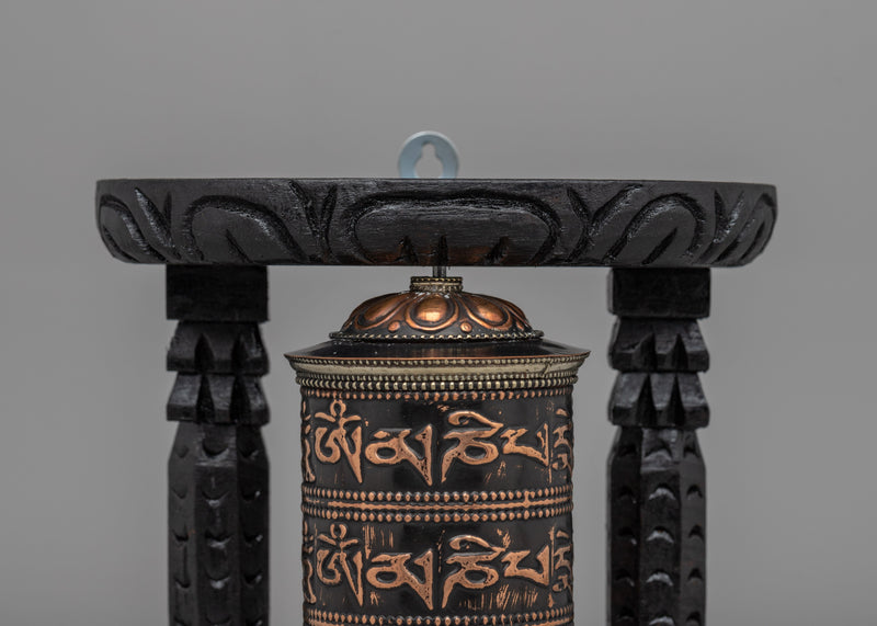 Handcrafted Tabletop Tibetan Prayer Wheel | Copper Body & Wooden Frame