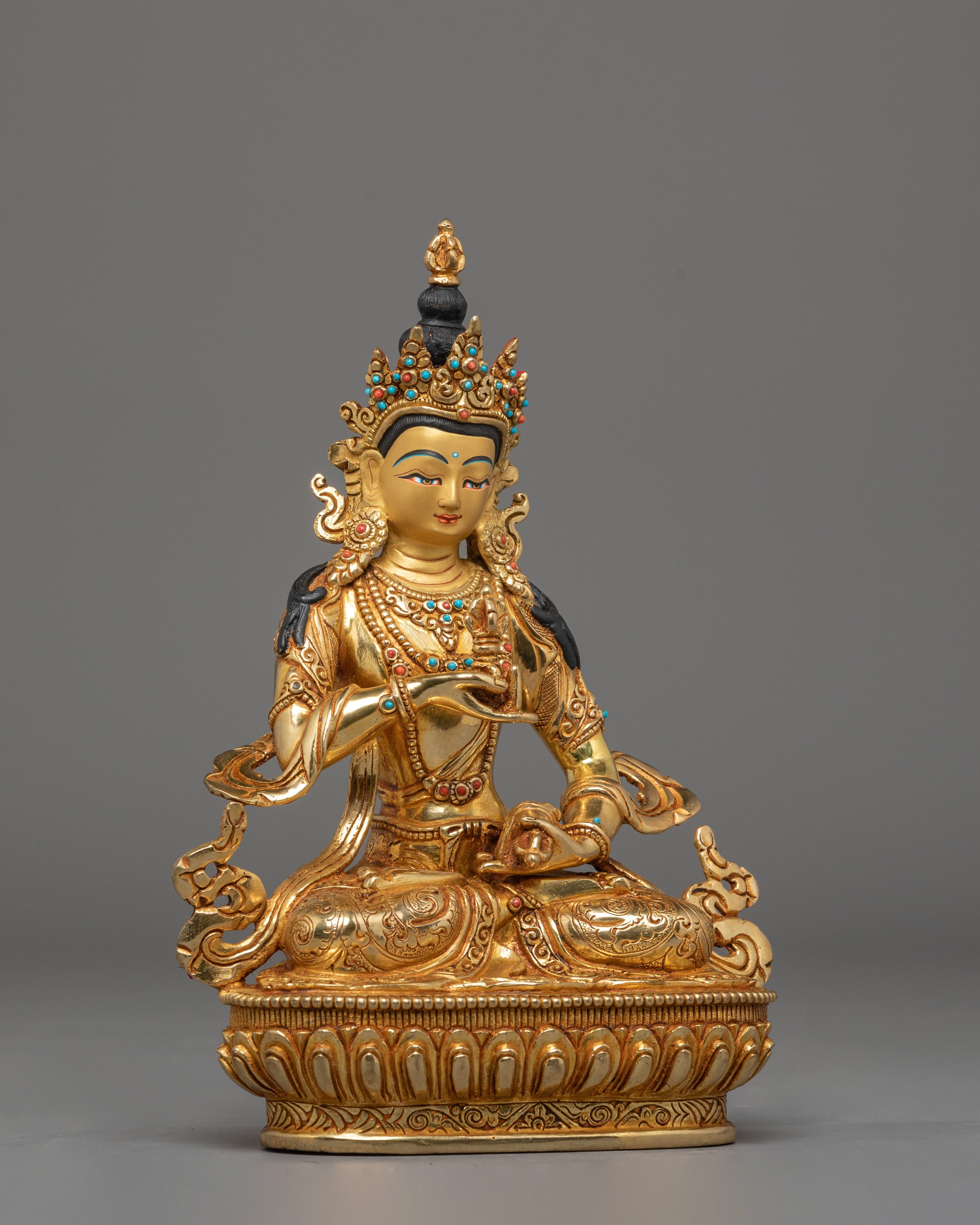 Vajrasattva Statue for Altar Decor | Gold Plated Copper Sculpture with Coral & Turquoise