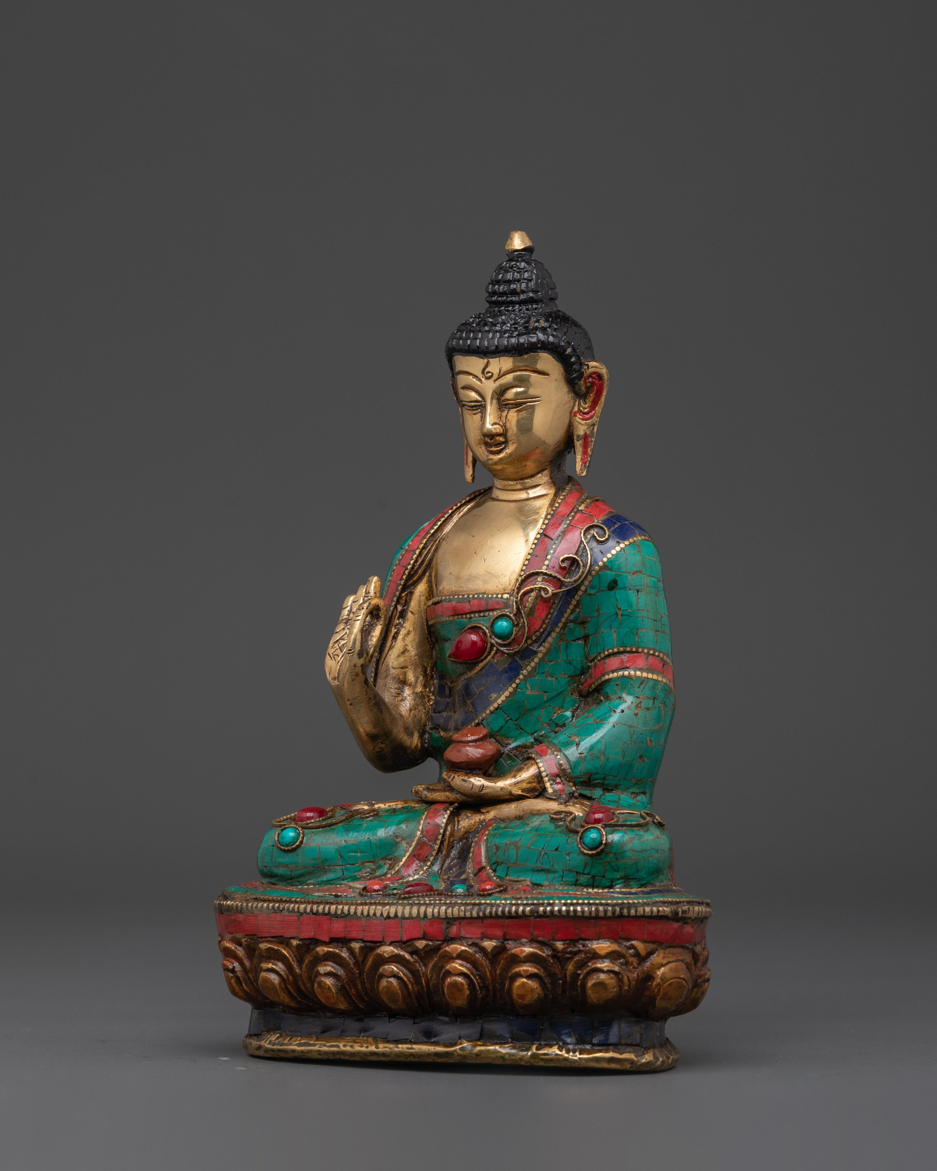 Handmade Amoghasiddhi Buddha Sculpture | Brass, Coral & Turquoise Inlay