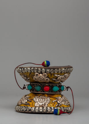 Ritual Drum with White Metal, Coral & Turquoise | Buddhist damaru