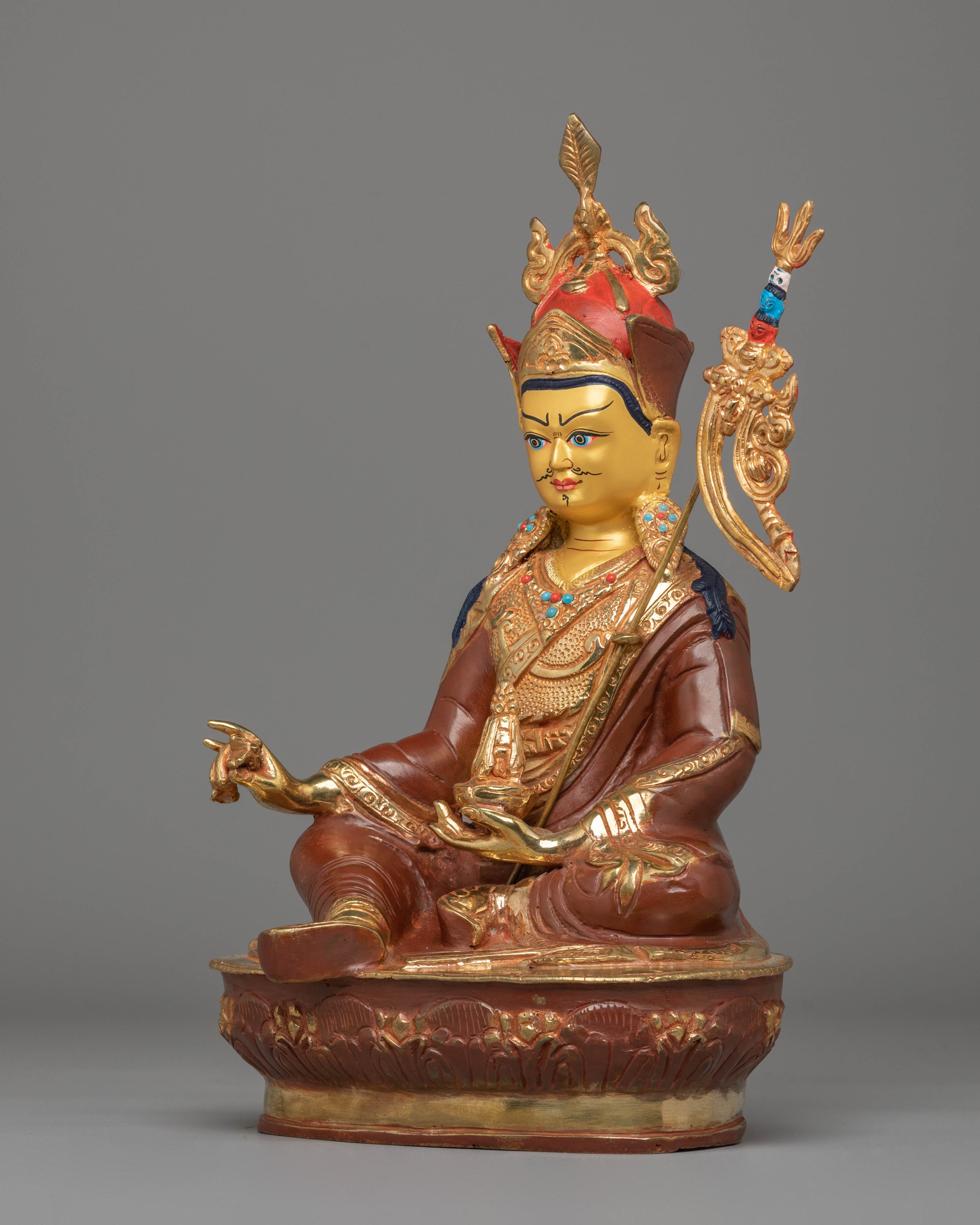 Guru Rinpoche Bodhisattva Sculpture | Fire Gold-Coated with Coral & Turquoise