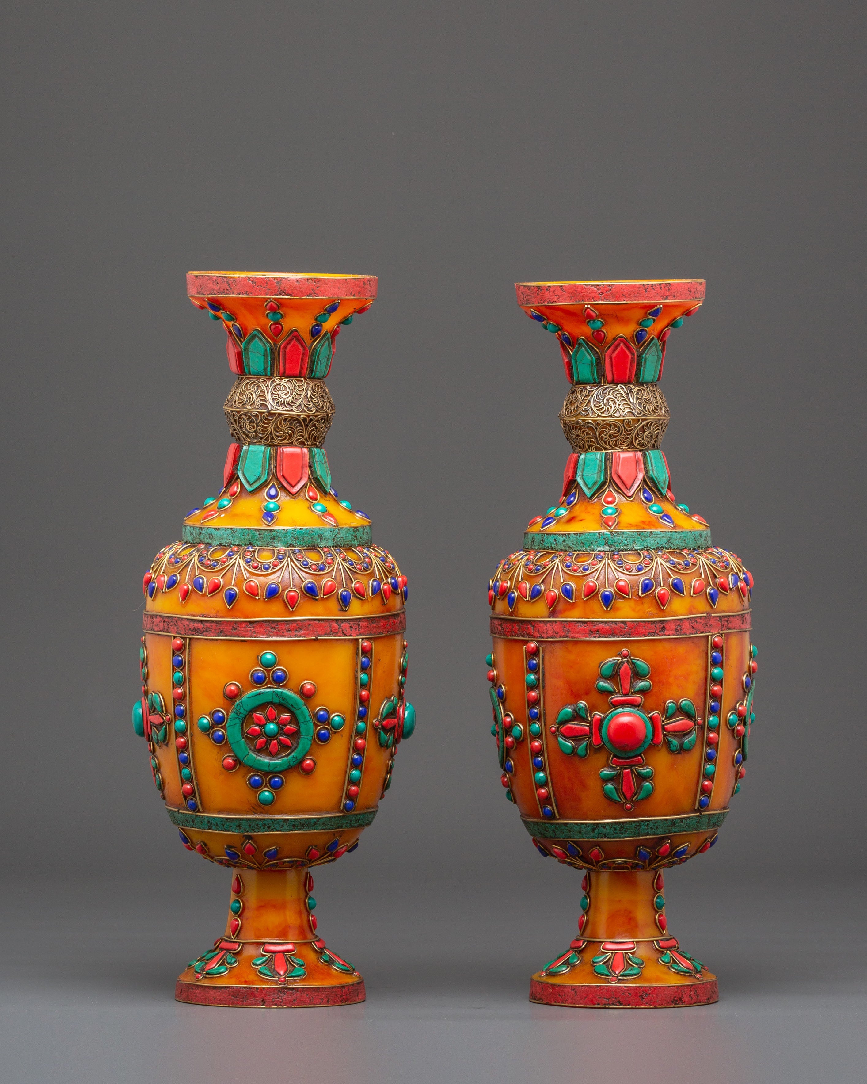 Amber Flower Vase Set | Coral and Turquoise Inlays